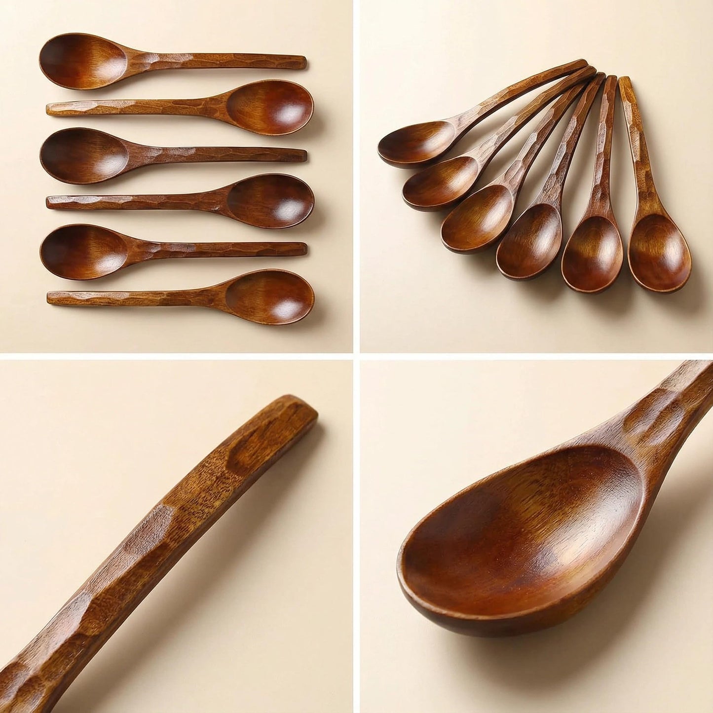 Diulazin Handmade Wooden Spoons for Eating, Japanese Ramen Spoon Set with Long Handle, Perfect for Rice, Desserts, and Cooking - Stylish Kitchen Utensils (6 PCS)