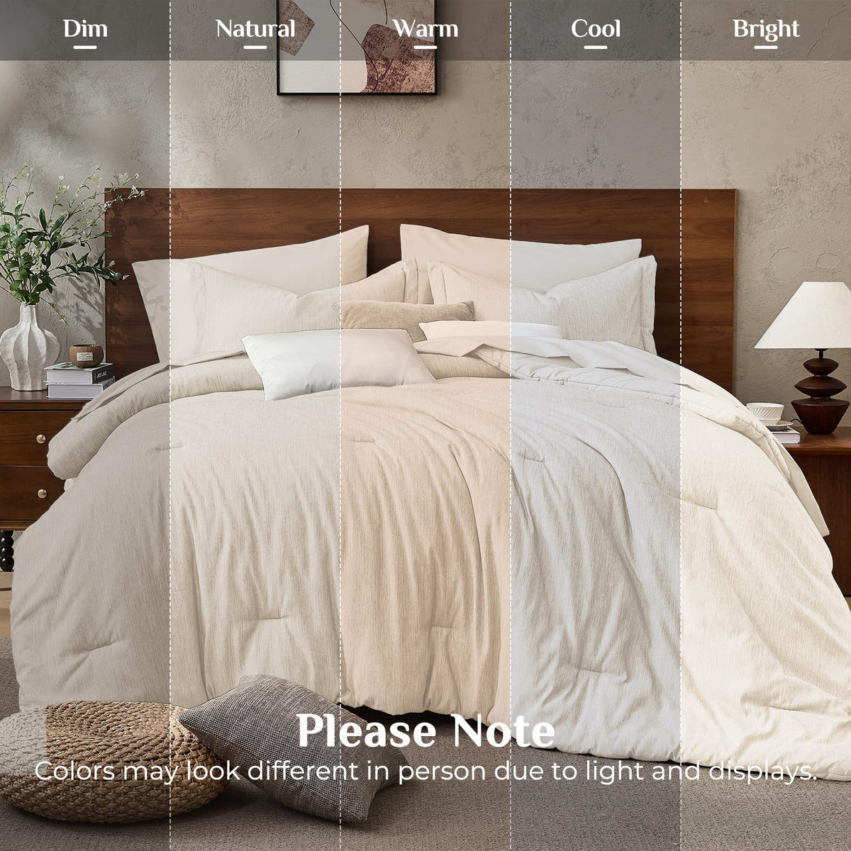 JOLLYVOGUE Queen Comforter Set, Cationic Dyeing Bed in a Bag 7 Pieces, Double-Tone Bedding Set with Down Alternative Comforter, Sheets, Pillowcases & Shams, Beige
