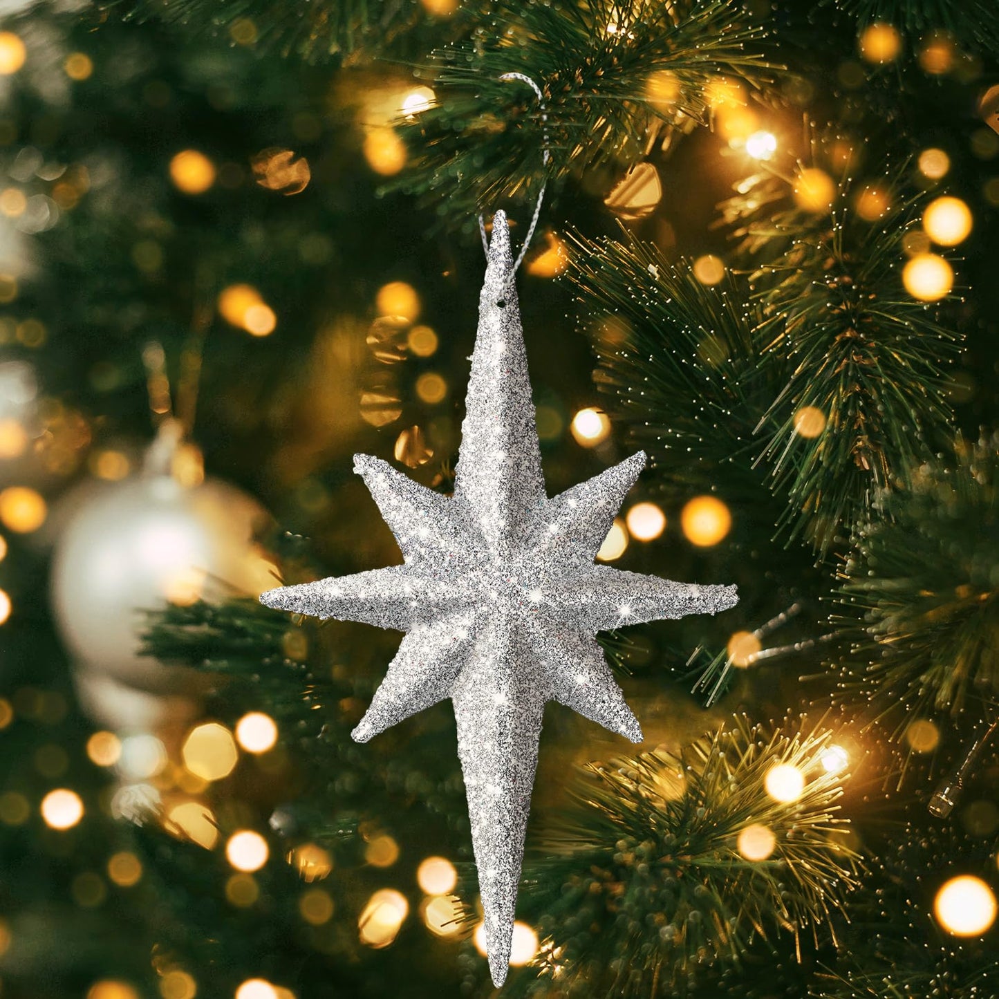 Quzzil 12 Pcs Christmas Bethlehem Star Silver Ornament 4.72 x 2.95 Inch Star of Bethlehem Christmas Tree Topper Glitter Ornament Plastic Nativity Stars Hanging Decor Accessories