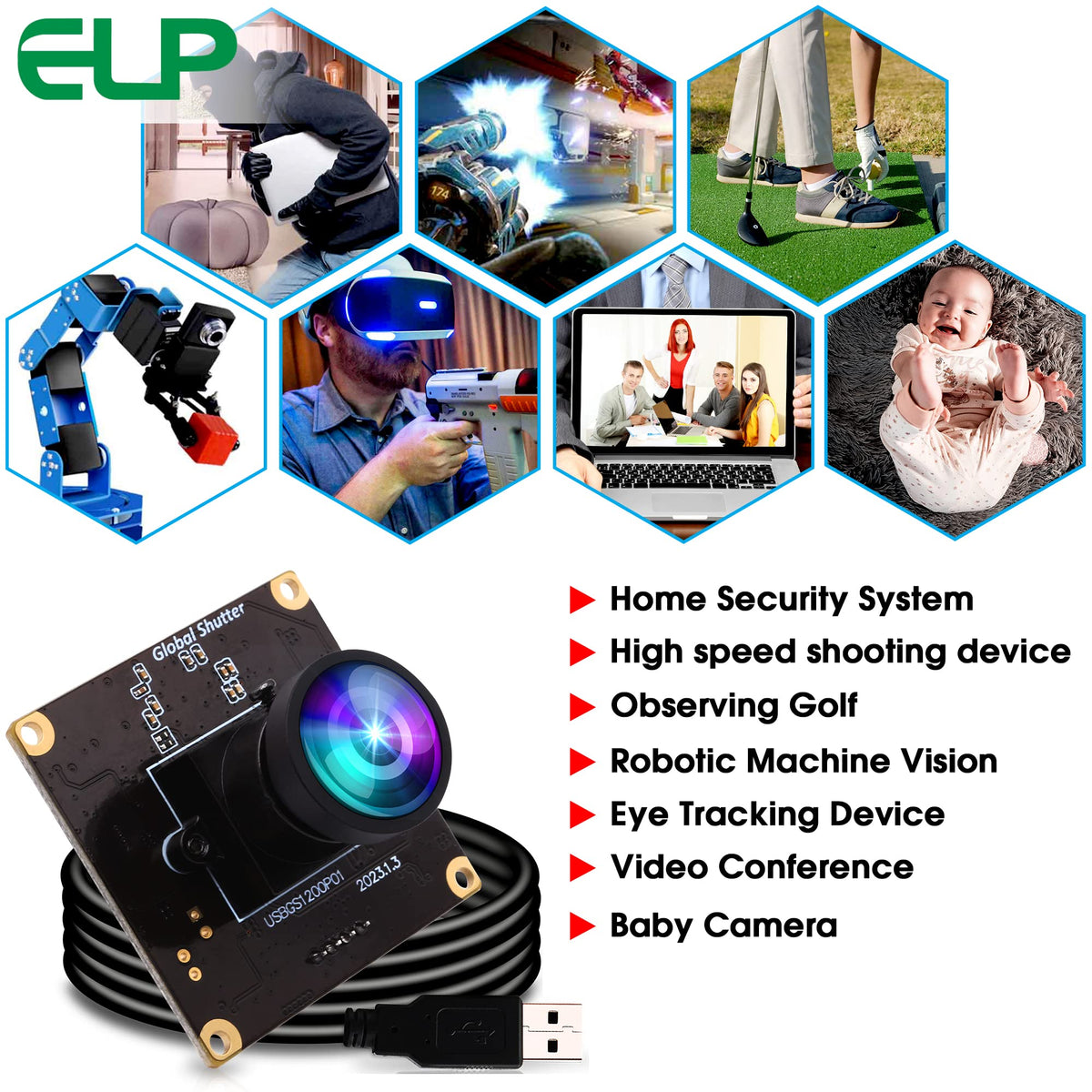 ELP High Speed Wide Angle Global Shutter USB Camera Module for Computer 1080P Mini UVC USB2.0 Webcam Board with 110degree No Distortion Lens AR0234 High Frame 90fps Web PC Camera Board for Laptop