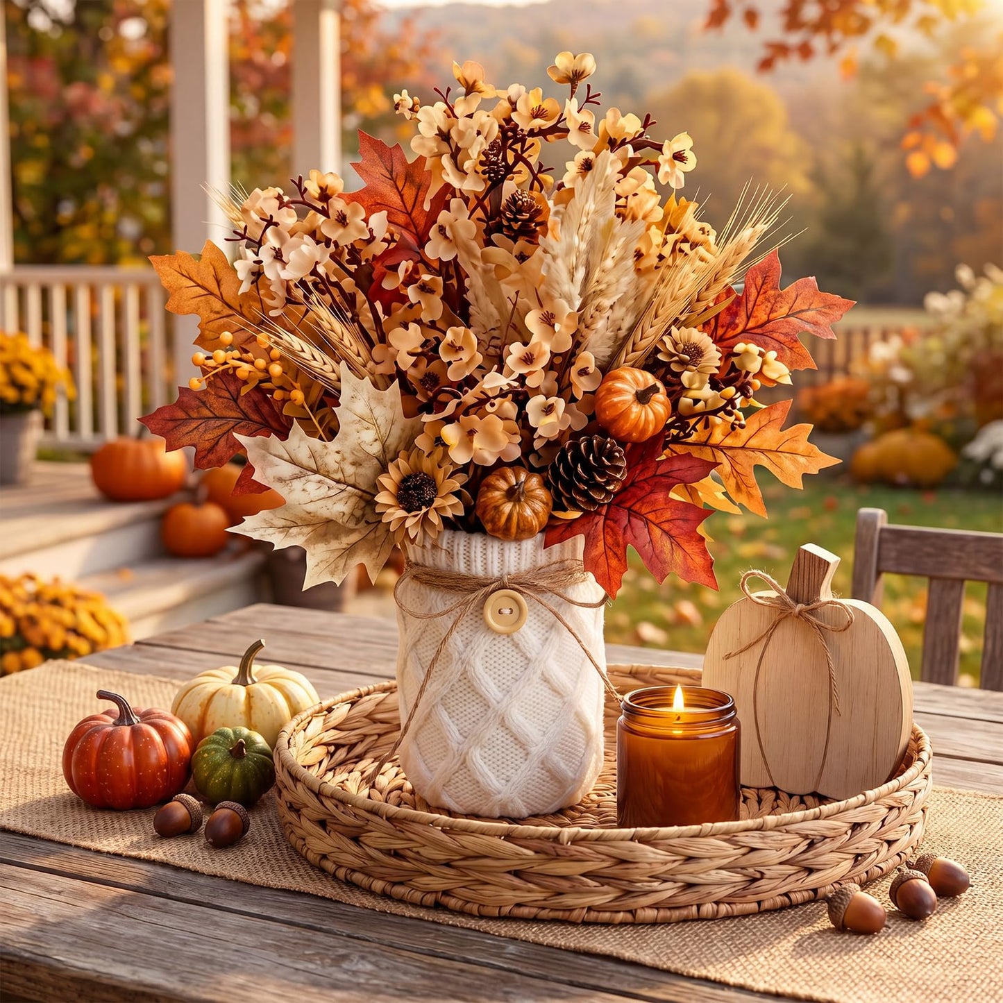 Newtay Fall Table Centerpiece 2 Pieces Mason Jar Vase with White Sweater Cove 17 oz Glass Flower Vase Rustic Autumn Farmhouse Table Decoration with Knit Bow and Button, Cozy Home Decoration