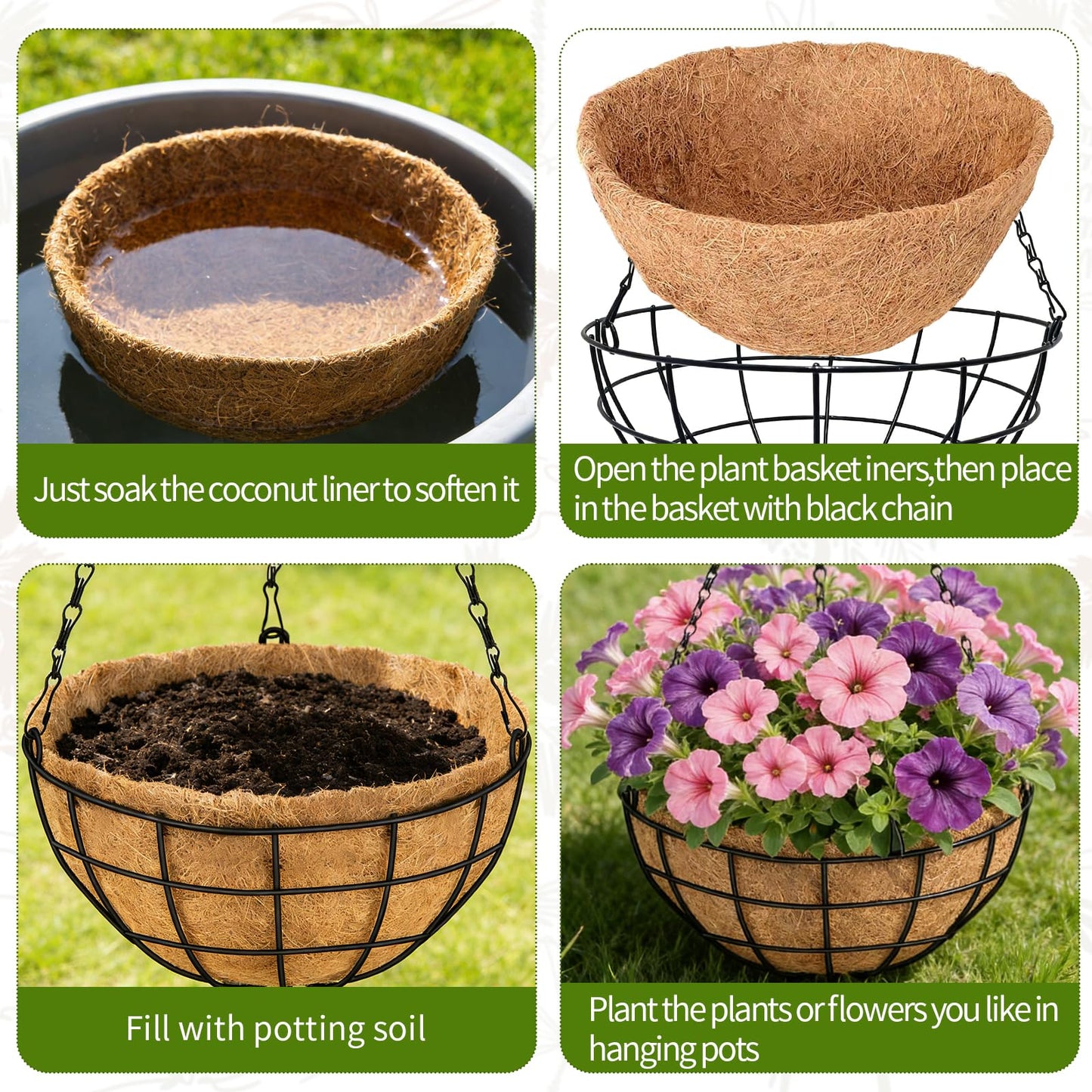 14 Inch Hanging Baskets for Plants Outdoor, 4 Pack Large Hanging Planters for Indoor Outdoor Plants, Round Metal Wire Hanging Flower Pots with Coconut Coir Liners for Garden, Deck, Porch, Balcony