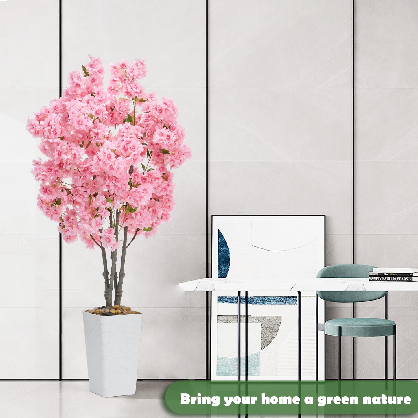 Artificial Cherry Blossom Tree 5FT Tall Pink Fake Sakura Flowers Tree, Fake Plants Indoor Decor for Spring Living Room Home House Entryway Bedroom Office Inside Wedding Party Valentine's Day
