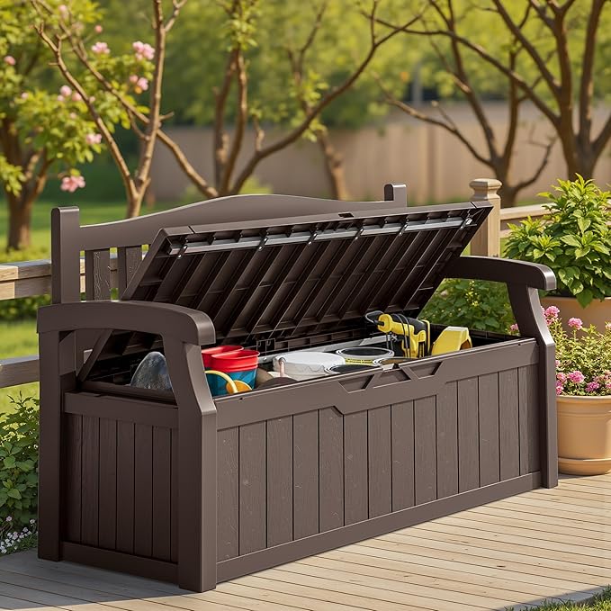Homall 75 Gallon Outdoor Storage Benches Lockable Deck Box with Waterproof and UV Resistant, Waterproof Storage Box for Patio Furniture, Tools, Cushions (Brown)