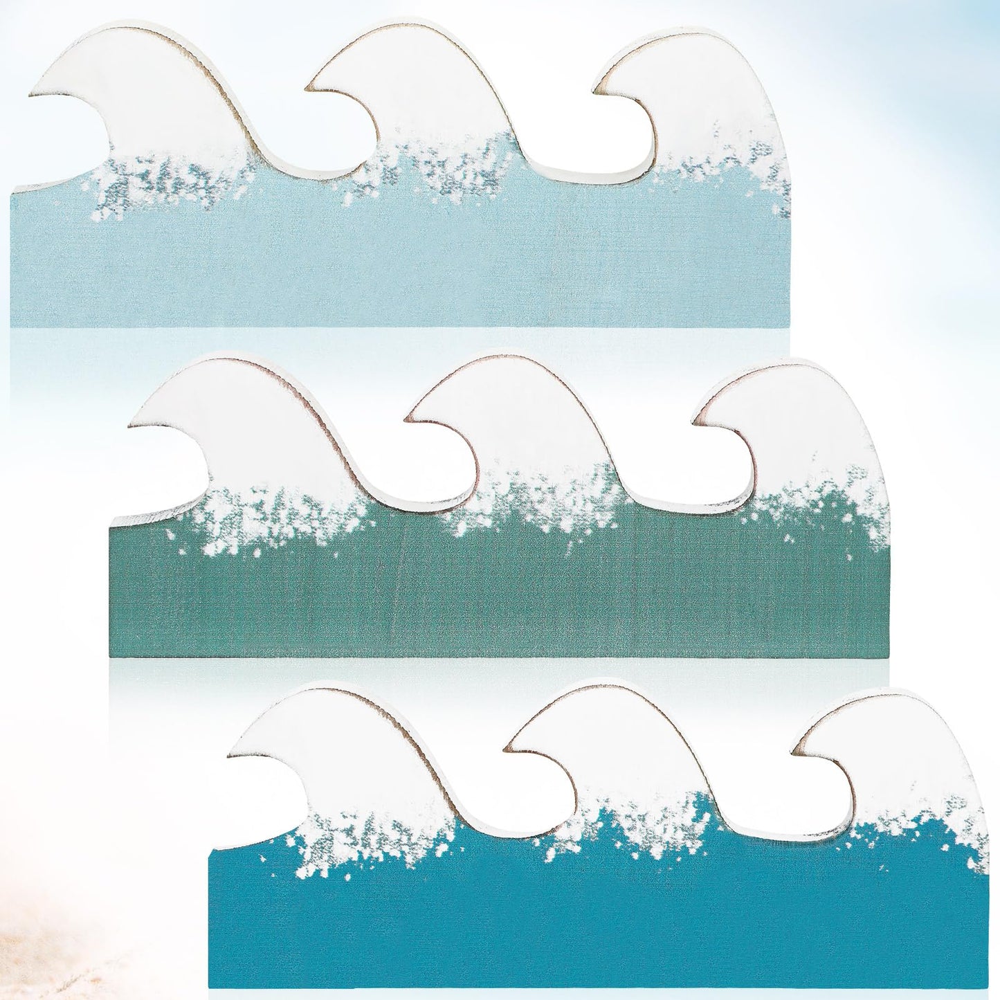 Qunclay 3 Pcs Coastal Table Decor Wooden Waves Ocean Decor Summer Beach Tiered Tray Blue Wave Sign Centerpieces for Table Home Office Bedroom Nursery