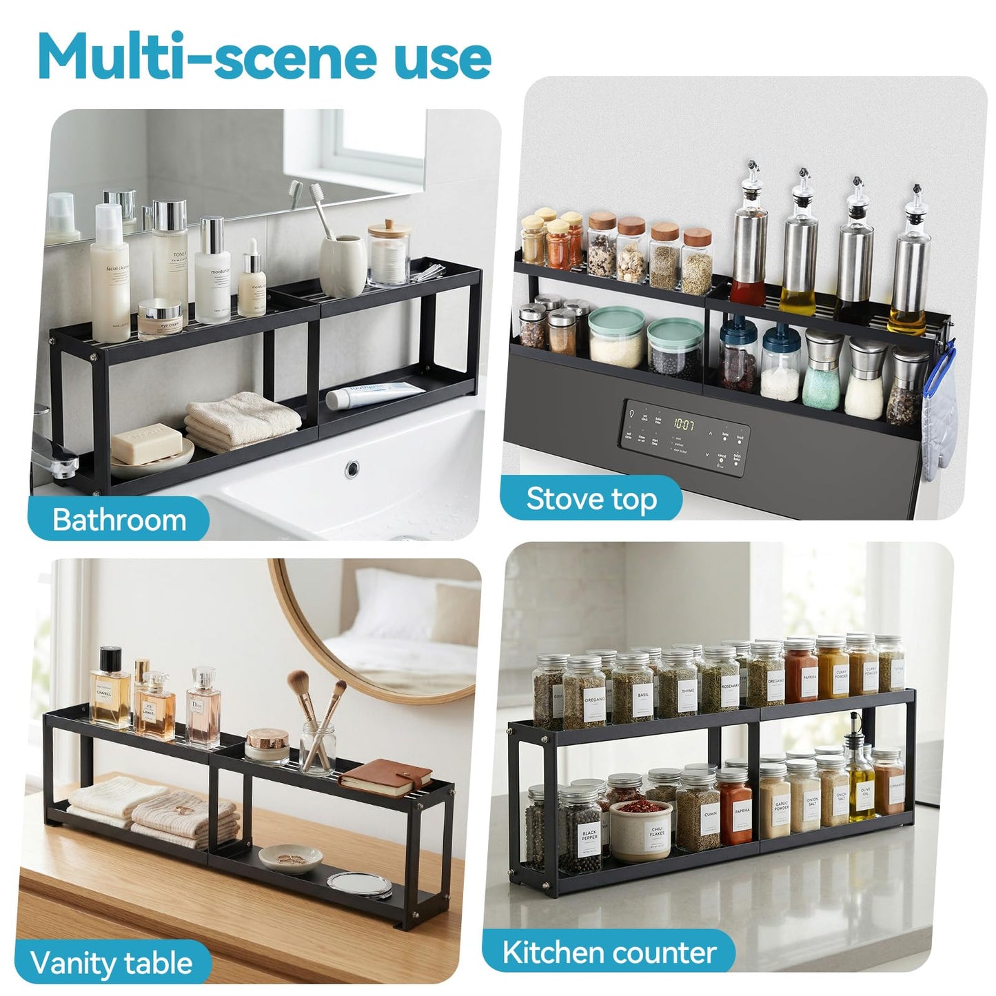 OTraki 2 Tier Strong Magnetic Oven Shelf 30 Inch Length Spice Rack Over The Stove Shelf with 2 Anti-Slip Mats Seasoning & 4 Hooks Kitchen Spice Storage Organizer Black