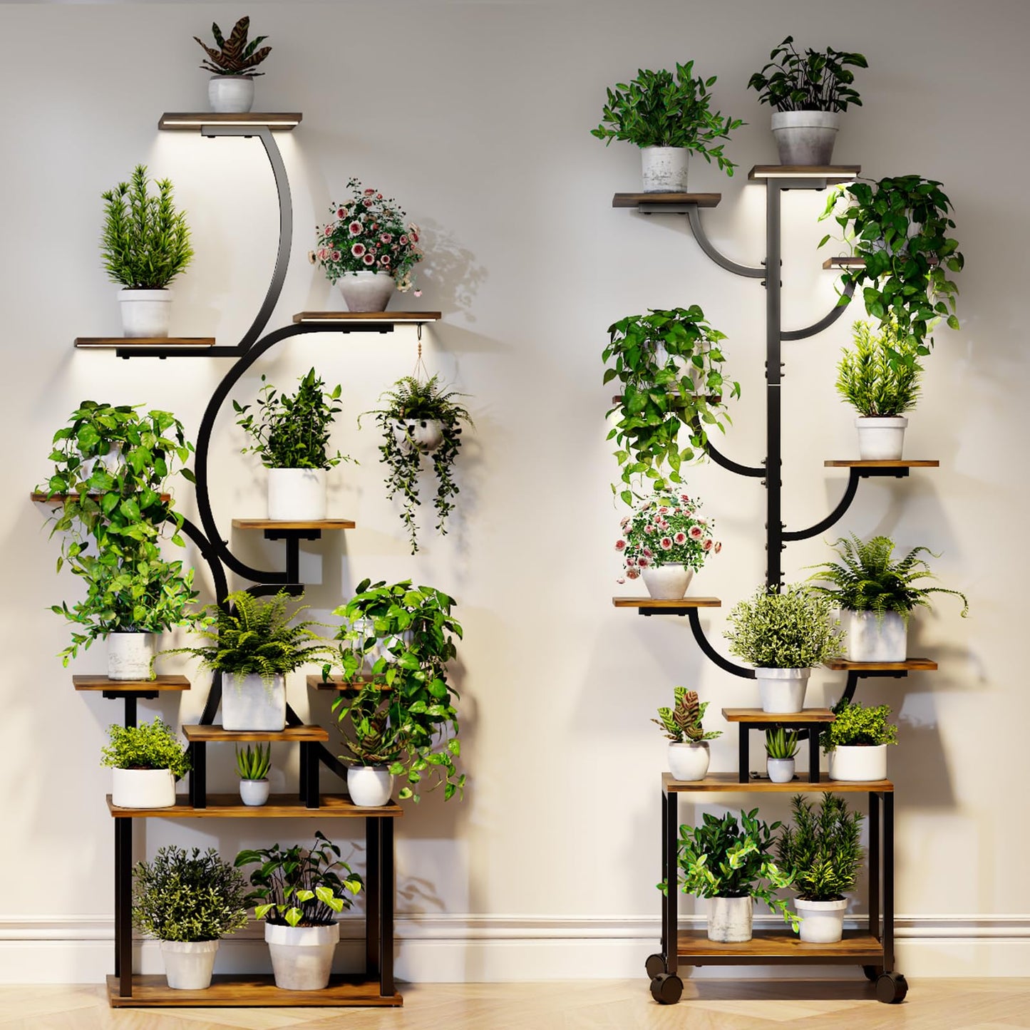 Plant Stand Indoor with Grow Lights - 9-Tier Curved Plant Stand, Tall Metal and Wood Indoor Plant Shelf with Unique Arched Design, Multi-Tier Flower Pot Holder Rack with Waterproof Finish, 63" Tall for Living Room, Balcony, and Garden