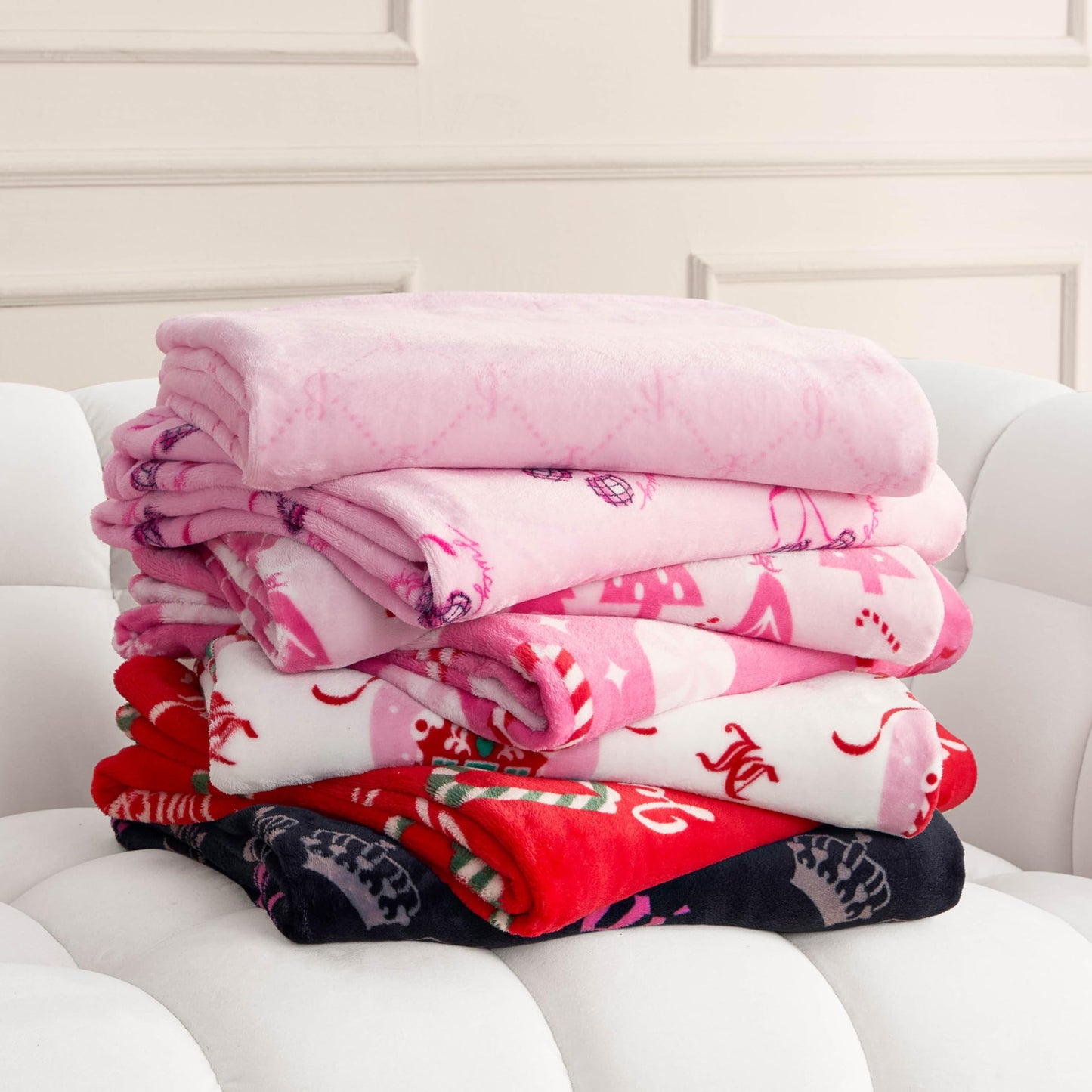 Juicy Couture Diagonal Juicy Crown Stripes Plush 50" x 70" Throw Blanket, Black