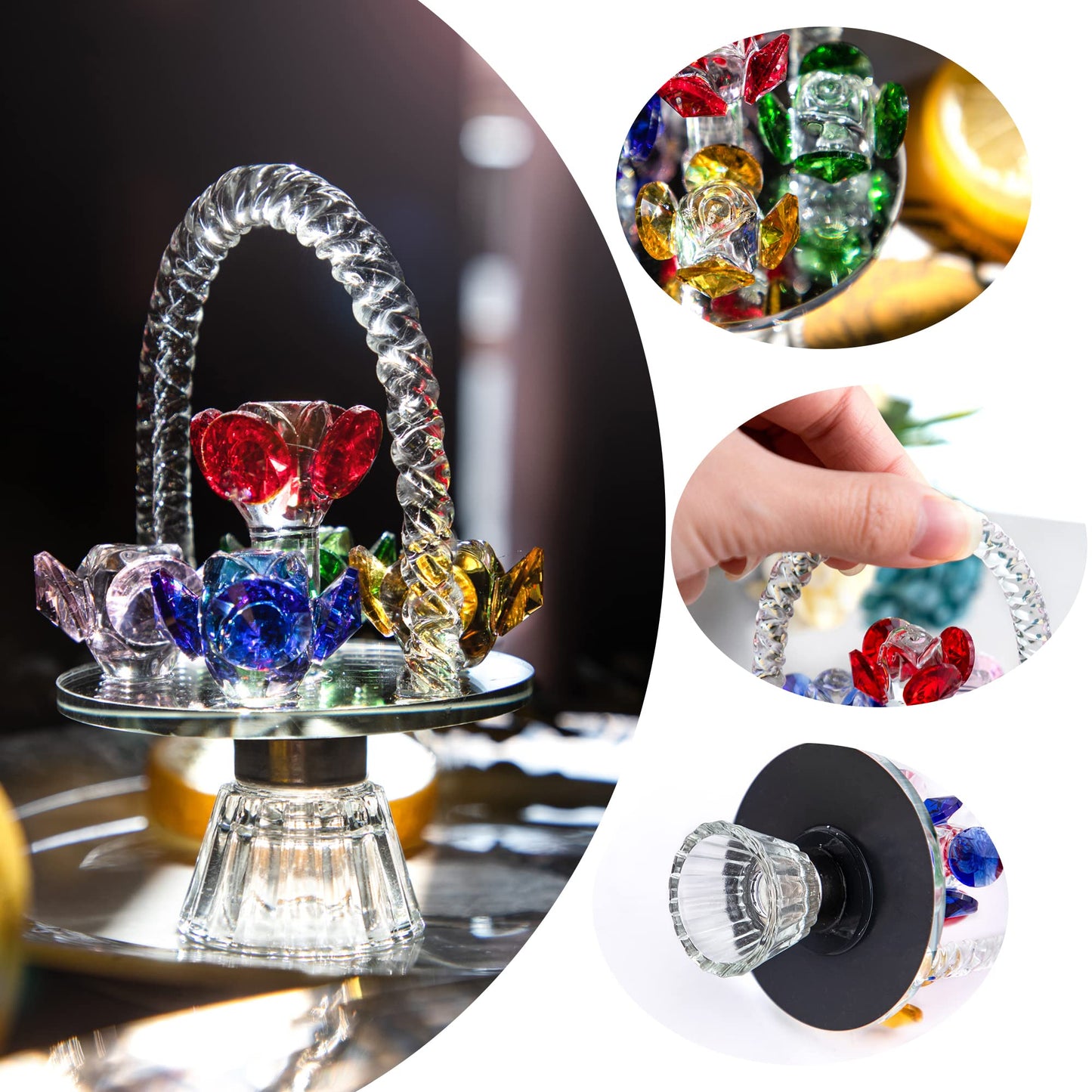 H&D HYALINE & DORA Colorful Crystal Flower Basket Figurine Ornament, Glass Flower with Rotating Base for Home Dress Table Centerpiece Christmas Lady Gift