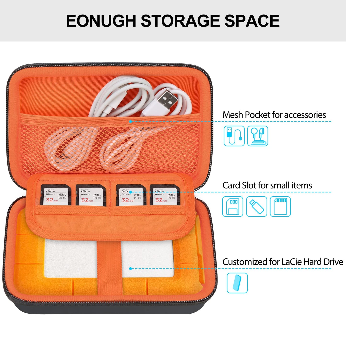 Lacdo Hard Drive Carrying Case for LaCie Rugged Mini/Rugged Thunderbolt USB 3.0 2.0 USB-C External Hard Drive Portable HDD 1TB 2TB 4TB 5TB EVA Shockproof Protective Storage Holder Travel Bag, Orange