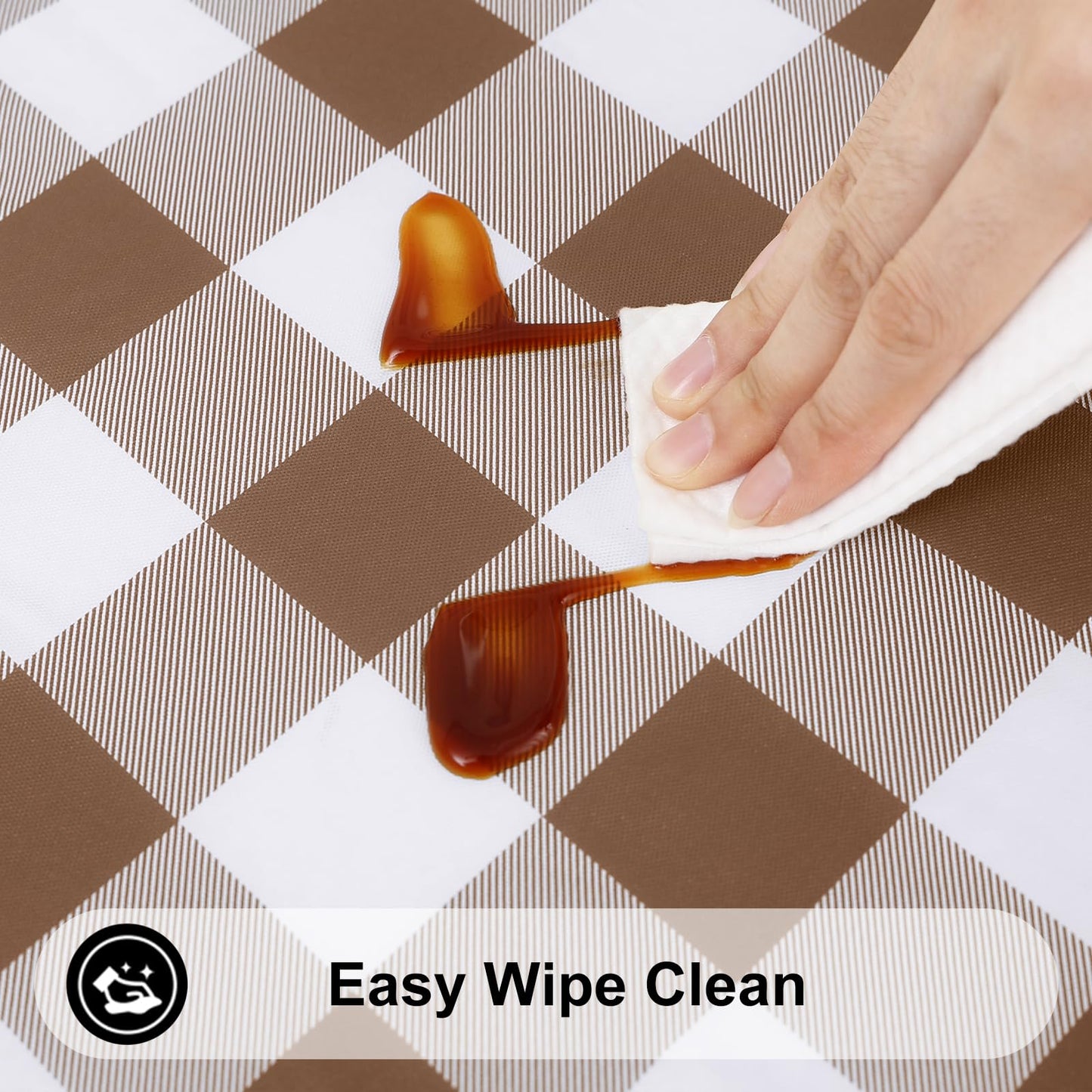 Smiry Round Picnic Tablecloth, Elastic Waterproof Fitted Vinyl Tablecloths for 45"-56" Tables, Flannel Backed Buffalo Plaid Table Cover for Dining, Camping, Outdoor, White and Brown