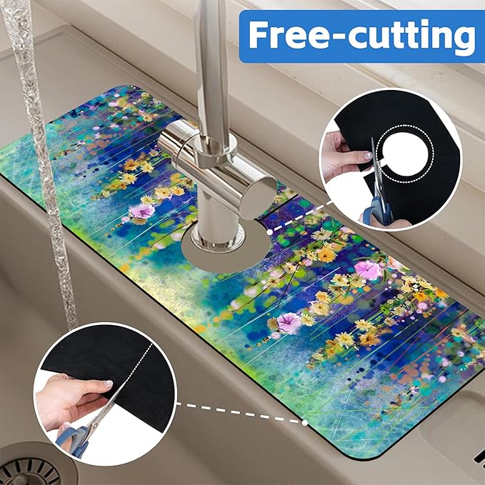 Abstract Watercolor Floral Kitchen Sink Splash Guard Mat Absorbent Fast Drying
