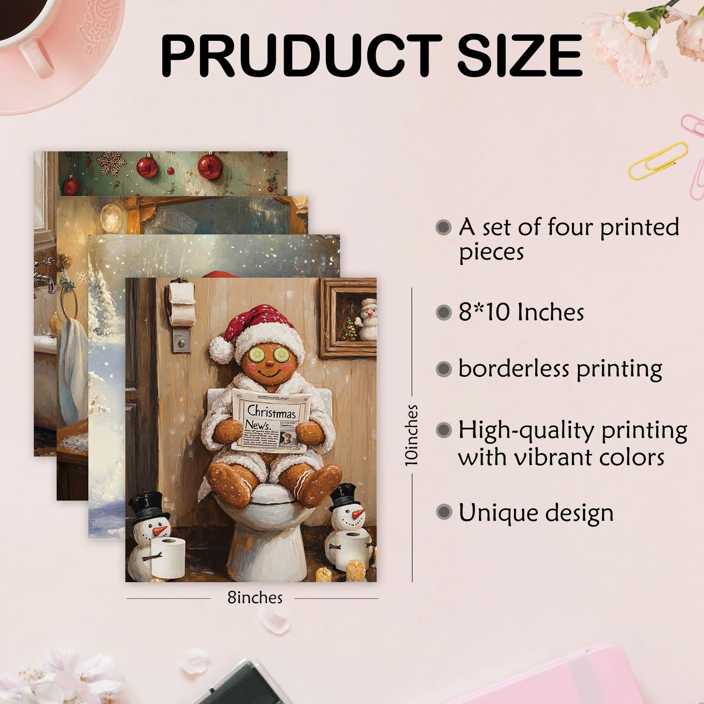 Poecinvi Funny Christmas in July Gingerbread Man Bathroom Wall Art Prints Set of 4, Funny Christmas Bathroom Decor, Gingerbread Man Posters Pictures Wall Decor for Bath Room Washroom, 8x10 Unframed