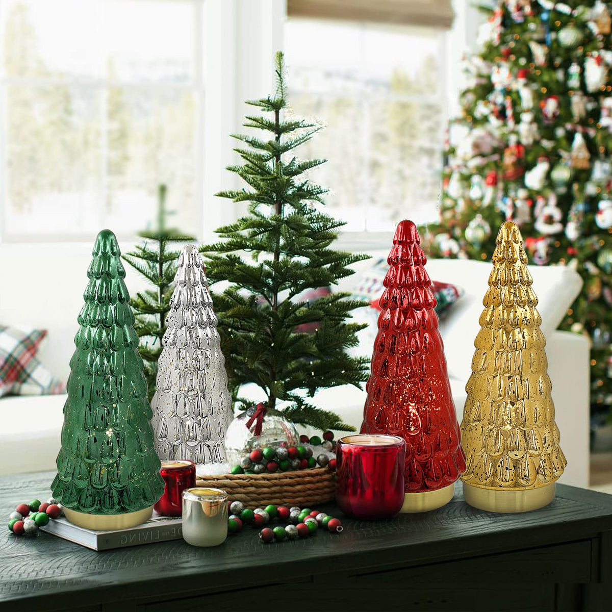 SHMILMH Mercury Glass Christmas Tree Green, Tabletop Christmas Tree with Light, Battery Operated Mini Xmas Tree for Fireplace Centerpiece Decorations 10", Set of 2