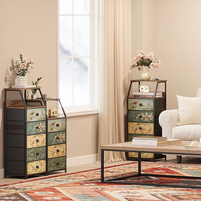 Tohomeor Dresser with Fabric Drawers Nightstand with 2 Tier Shelf Storage Tower