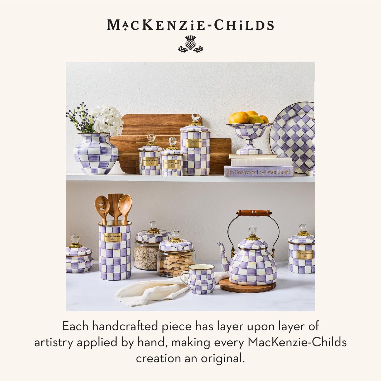 MACKENZIE-CHILDS Enamel Creamer and Sugar Bowl Set, Cream Dispenser with Pour Spout and Sugar Holder, Unique Kitchen Decor, Purple-and-White Violet Check