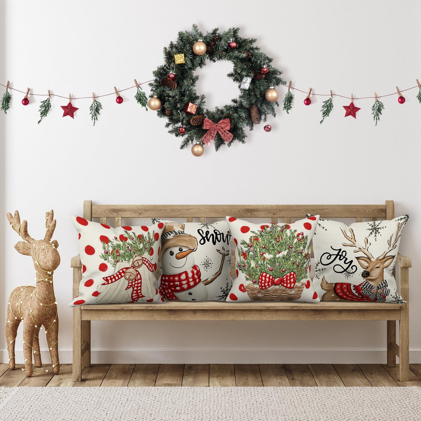 LITIVY Christmas Decor Pillow Covers Set of 4 Decorative Throw Pillowcase for Winter Xmas Holiday Home Decor for Sofa Couch (Christmas Tree Snowman Gloves Deer) (18"x18", Red)