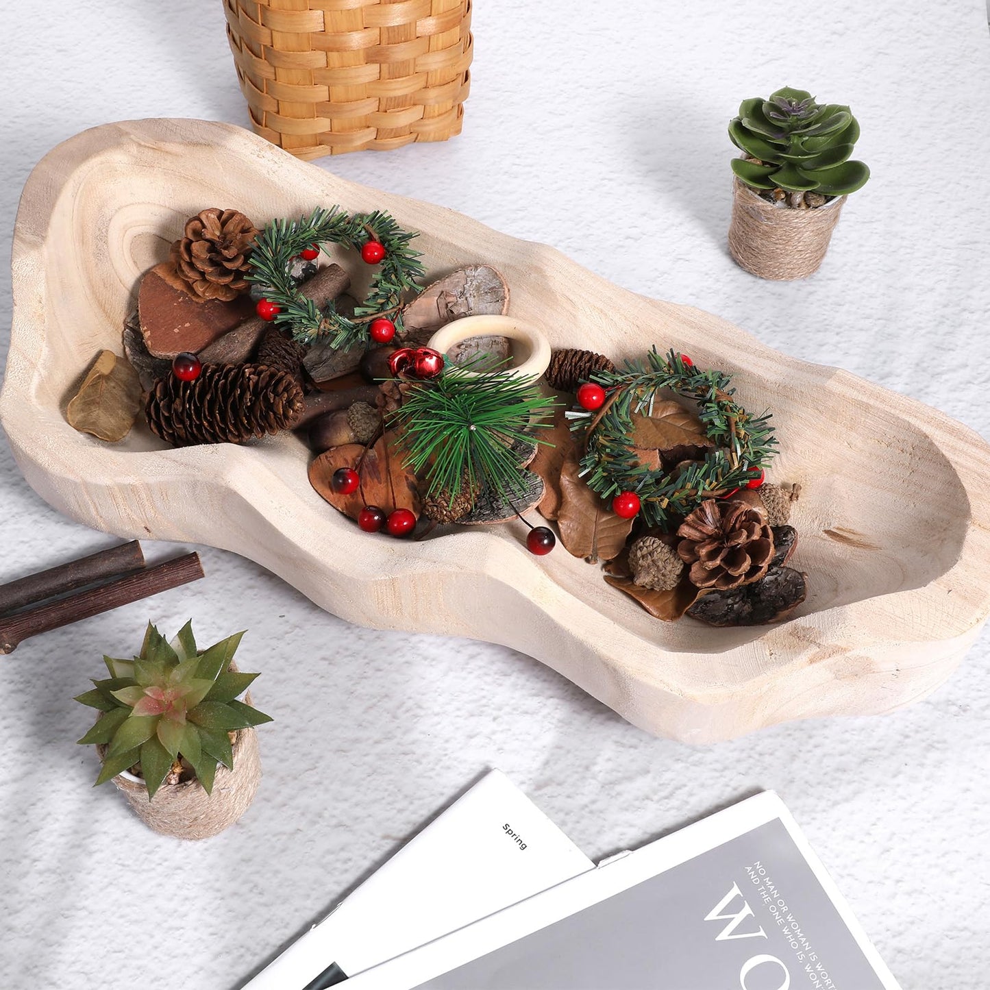 Exircy Wavy Live Edge Dough Bowl, 16 Inch Handmade Wooden Fruit Bowls Decorative Bread Bowls Wood Hand Carved Wooden Coffee Table Bowl for Farmhouse Home Kitchen Decoration