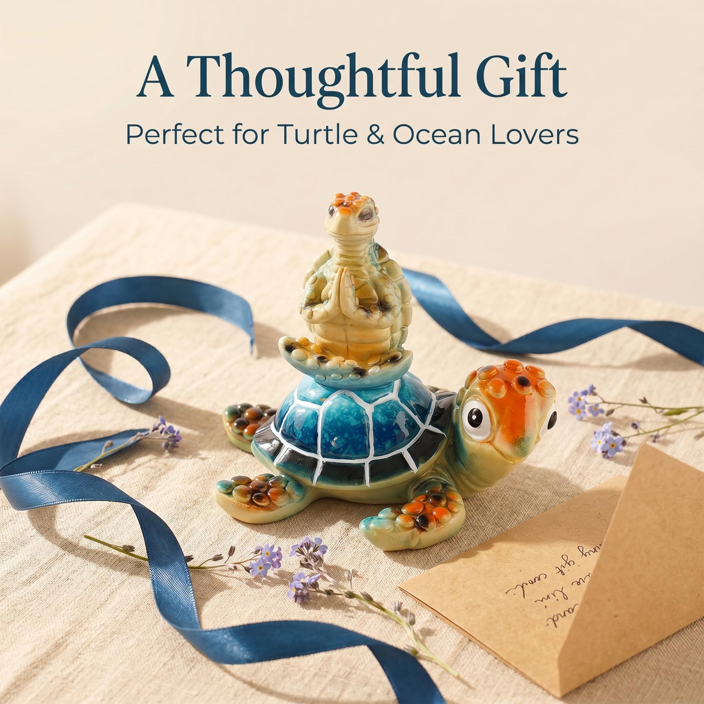 Brizoria Sea Turtle Figurine Beach Decor Ocean Decor Meditating Baby Turtle Resin Coastal Zen Statue Glossy Painted Finish for Bathroom Bedroom Office Bookshelf, Blue