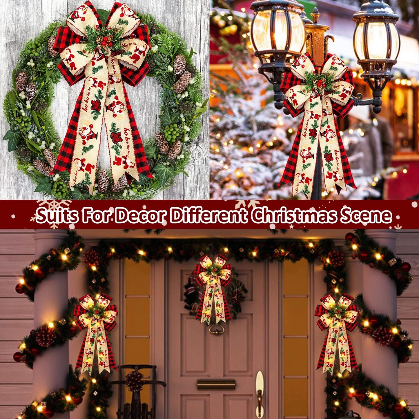 2 Pcs Prelit Christmas Bows Decor with 20 Lights, Santa Bells Black Red Buffalo Plaid Xmas Bows 20" by 11" Christmas Tree Wreaths Garland Bow Battery Powered Christmas Decorations Home Indoor Outdoor