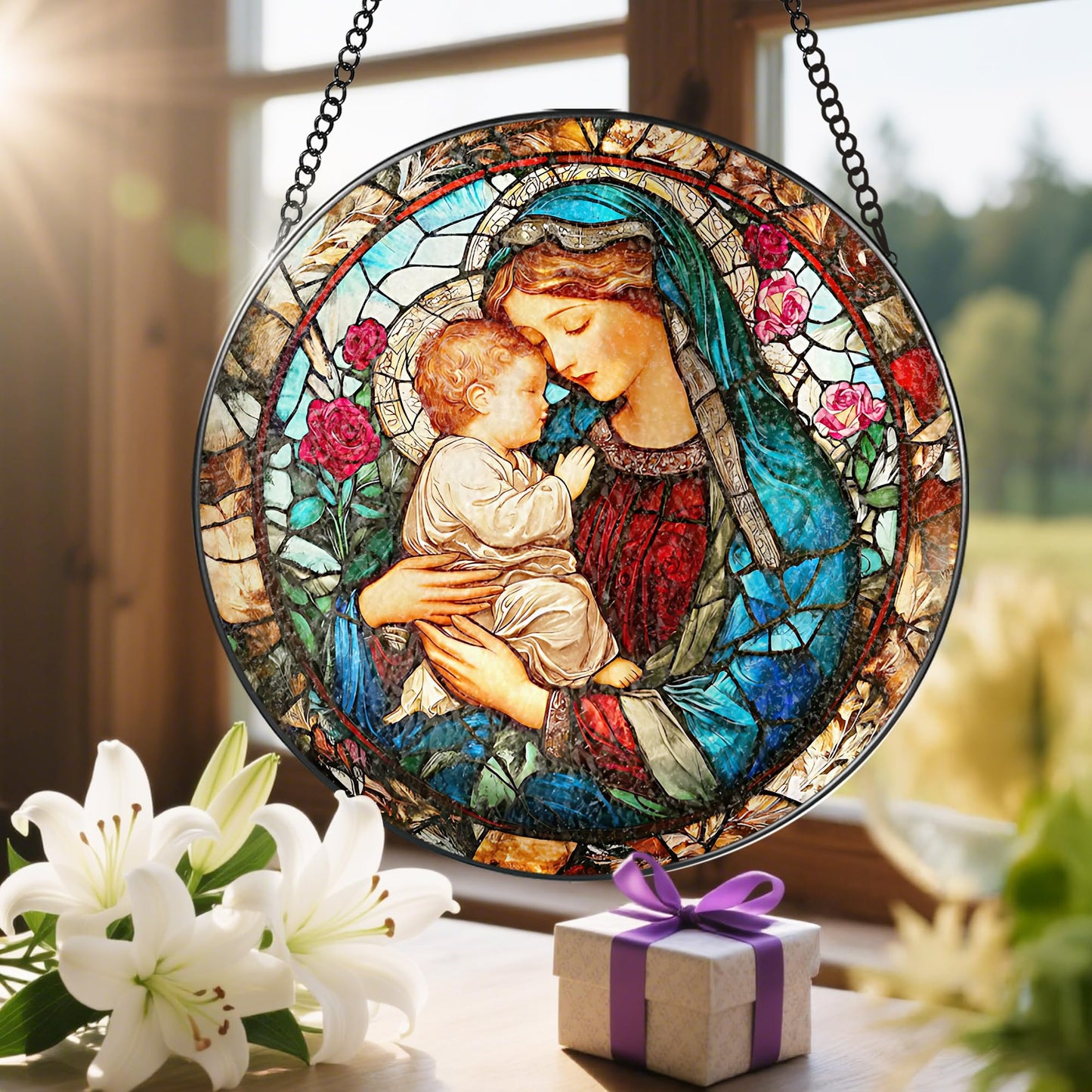 8 Inch Virgin Mary Stained Glass Suncatcher, Stained Glass Window Hanging, Christian Window Hanging Decor, Suncatchers for Windows Door Home Decor and Christmas, Christian Gift, Religious Gift