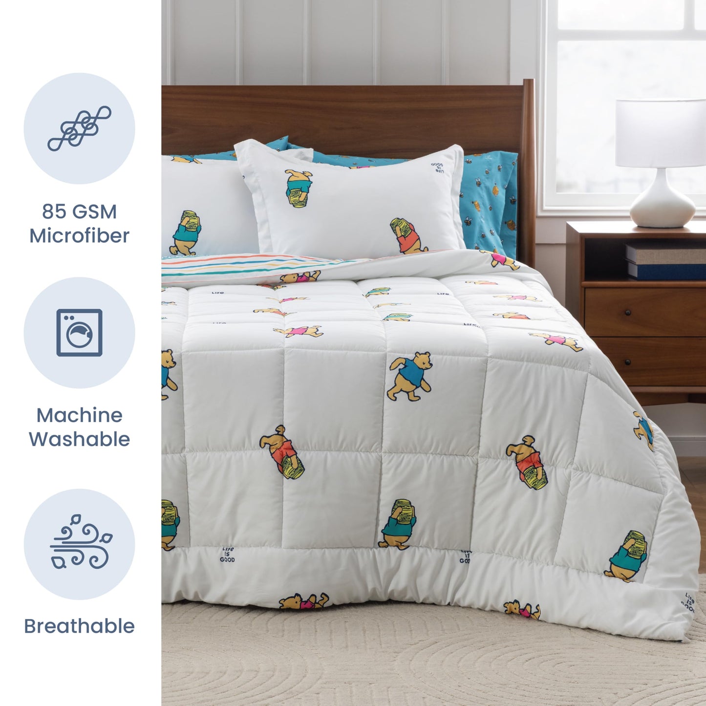 Berkshire LIG Printed Reversible Microfiber Comforter Set–7-Piece, Ultra Soft All-Season Bedding, Wrinkle & Fade Resistant, Queen, Dancing White