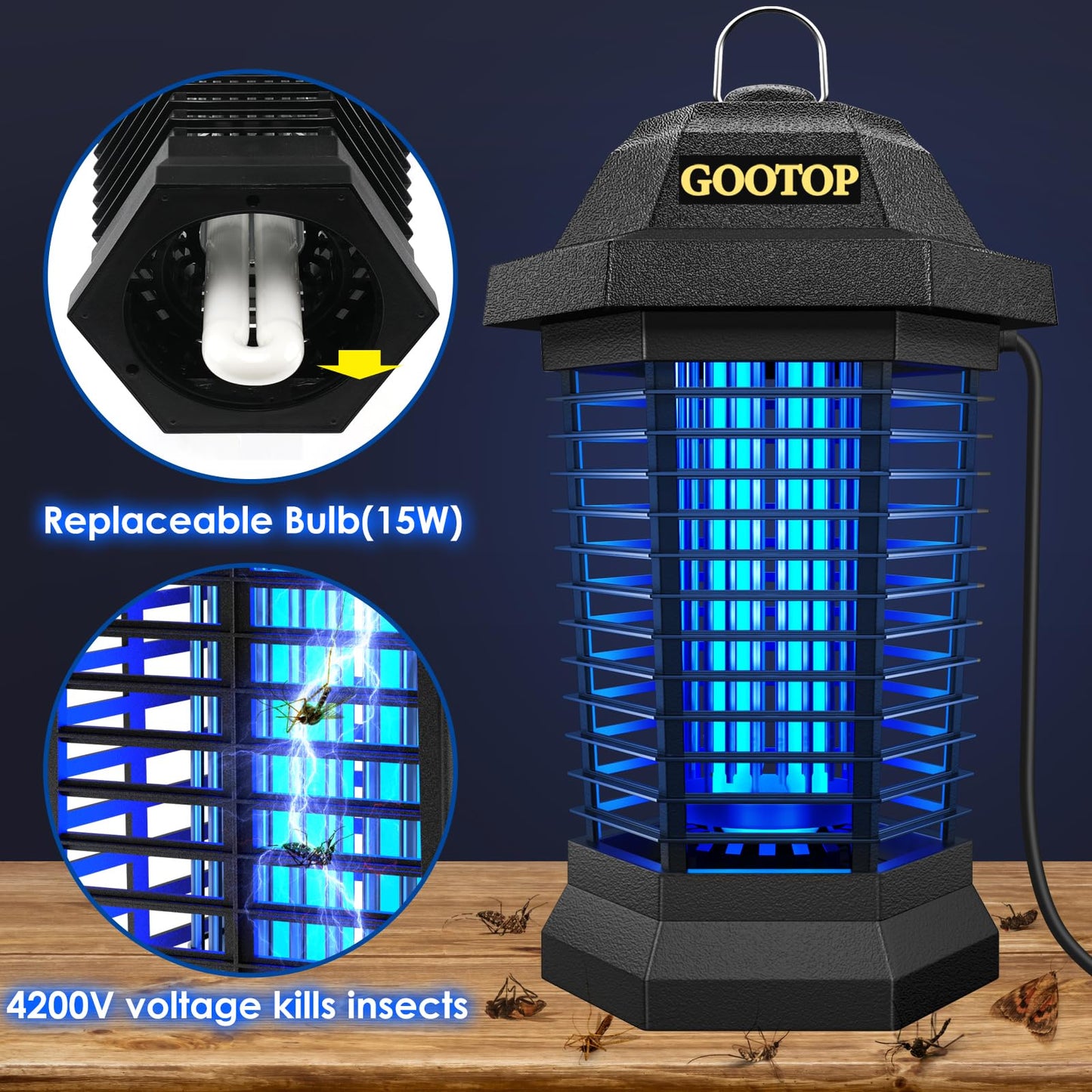 GOOTOP Bug Zapper Outdoor, Mosquito Zapper, Electric Fly Zapper, Mosquito Killer, Fly Traps, 3 Prong Plug, Flying Insects Zapper Indoor Outdoor 90-130V, 4200V, ABS Plastic Outer (Black)