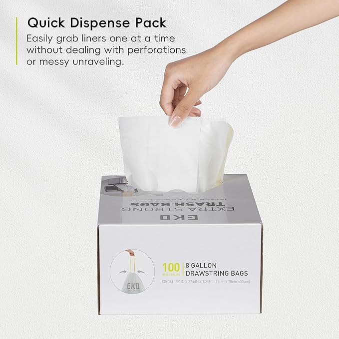 EKO 8 Gallon / 30.3 Liter, Extra-Strong Unscented Garbage Bags, Easy-Dispense