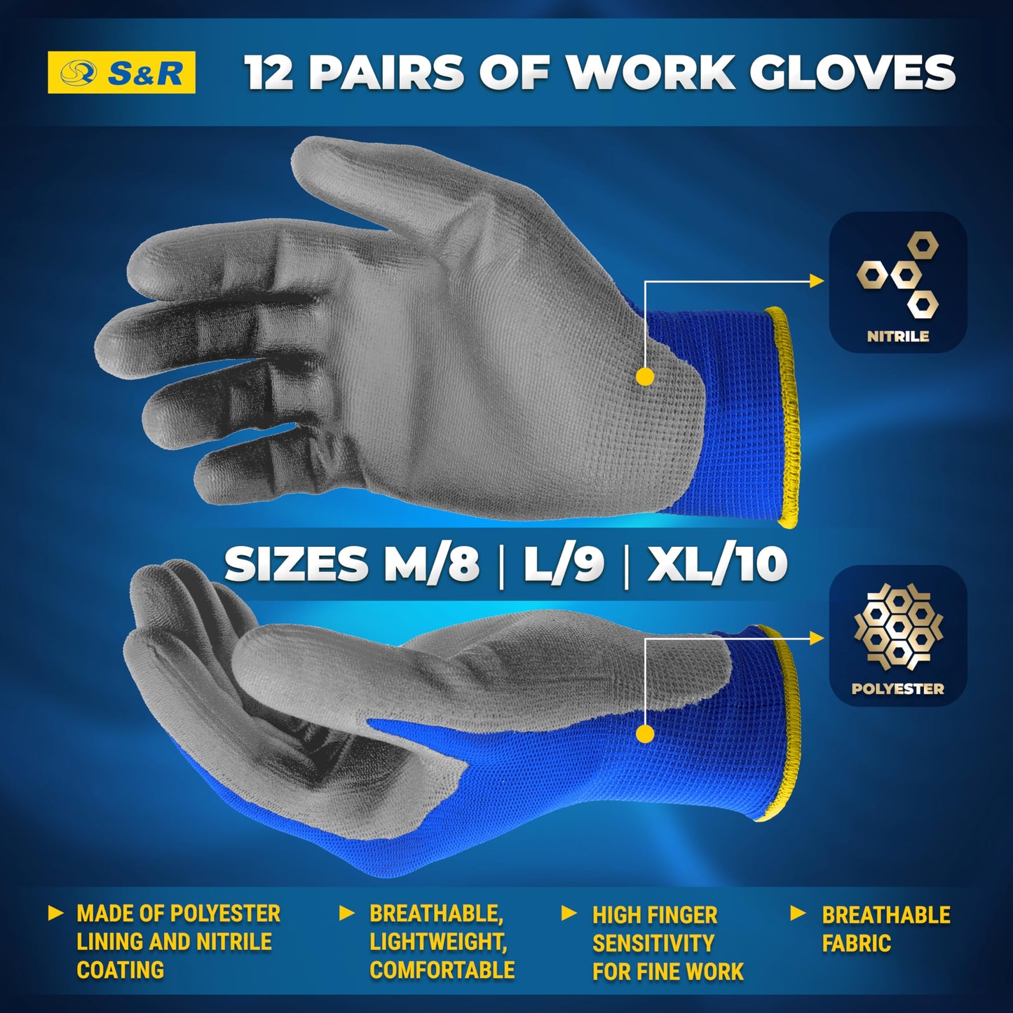 S&R Protective Gloves 12 Pairs with Nitrile Coating in XL/10, Non-Slip Work Gloves for Assembly, Building, Restoration
