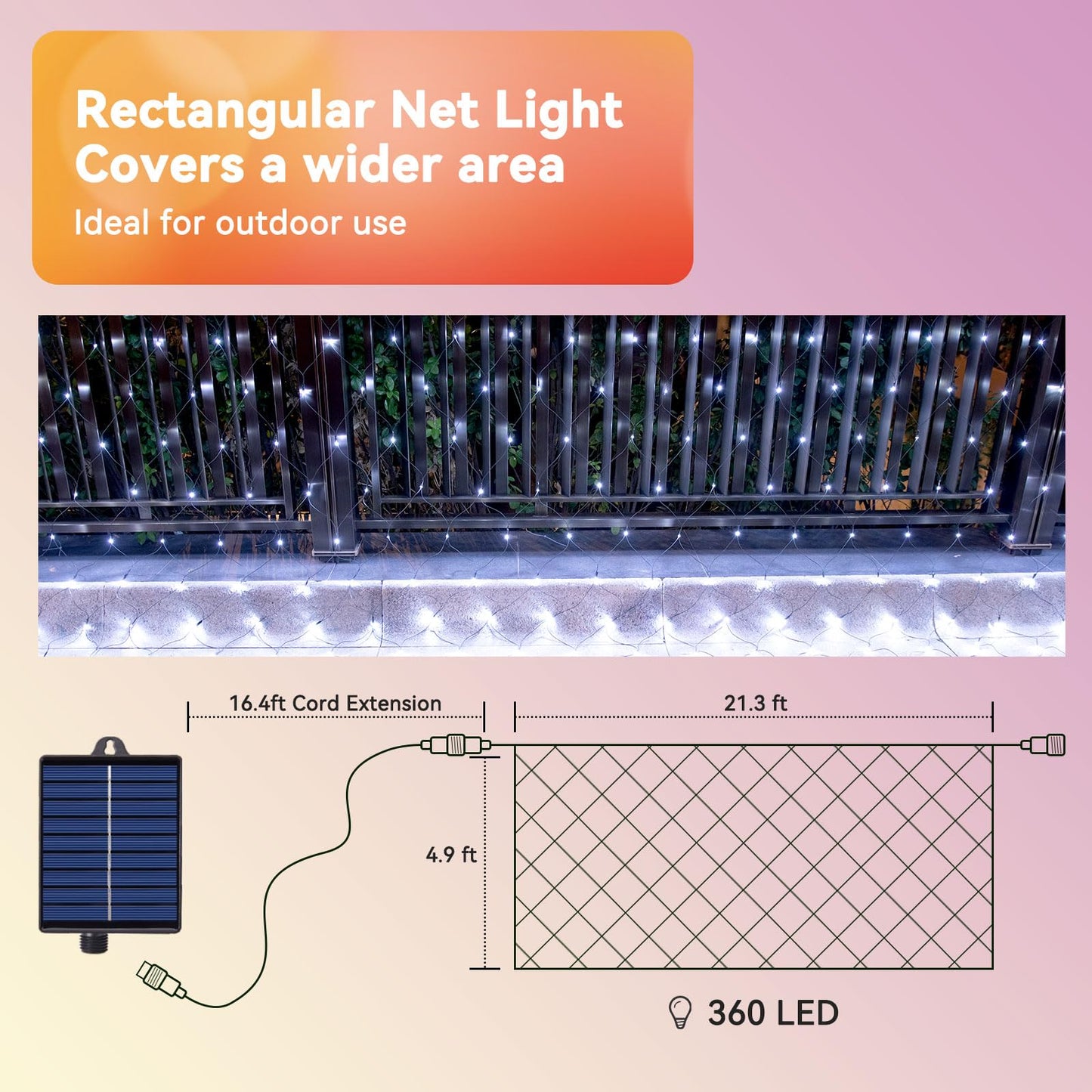21ft x 5ft Solar Net Lights Outdoor, Solar & USB 2 Power Way 360 LED Waterproof Mesh Lights for Bushes, Remote Control 8 Modes String Light Trees Patio Garden Christmas Indoor Decor (Cool White)
