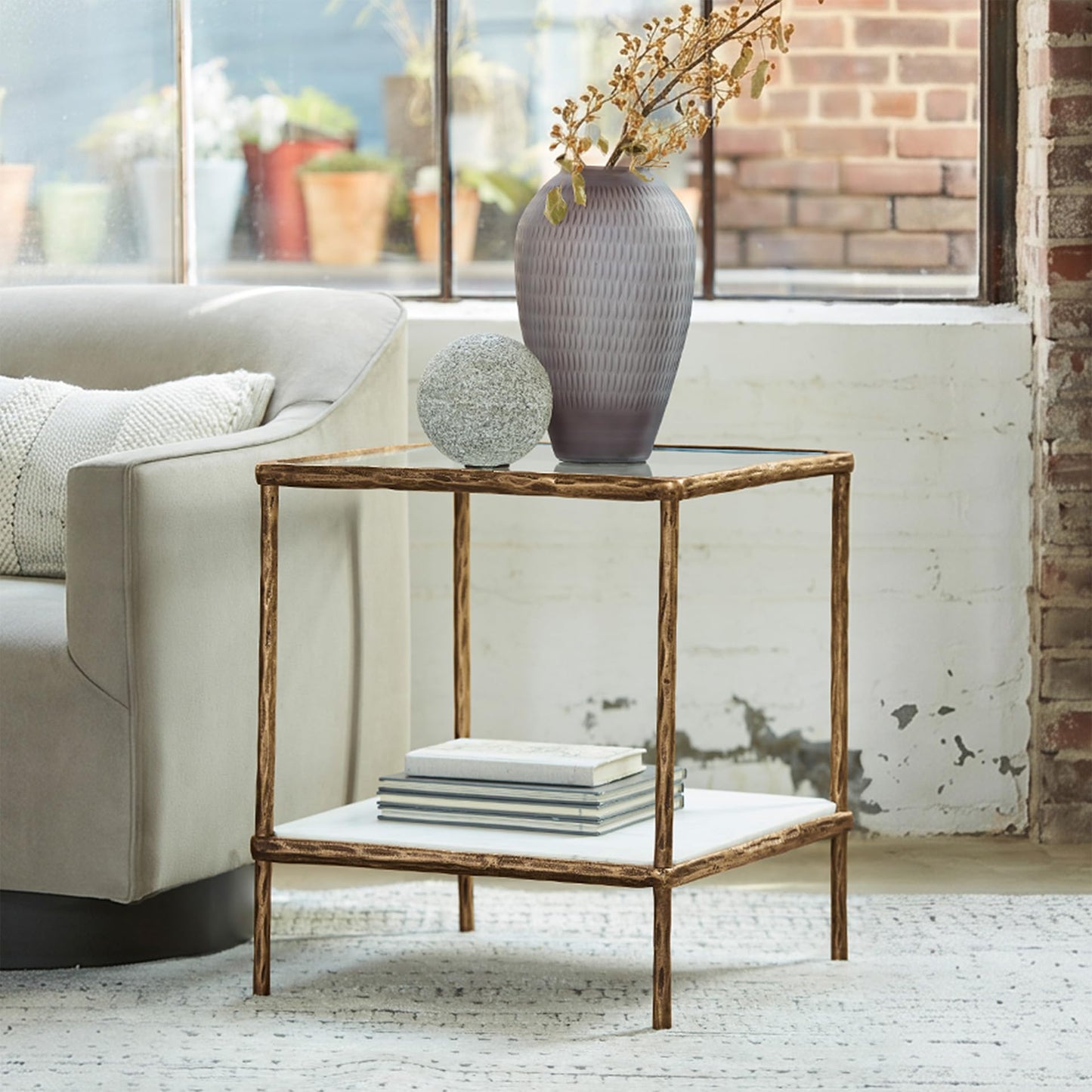 Signature Design by Ashley Ryandale Square Accent Table for Living Room, Sand‑Casted Aluminum Frame With Brass Finish, Glass Top and White Marble Shelf, 21" Size