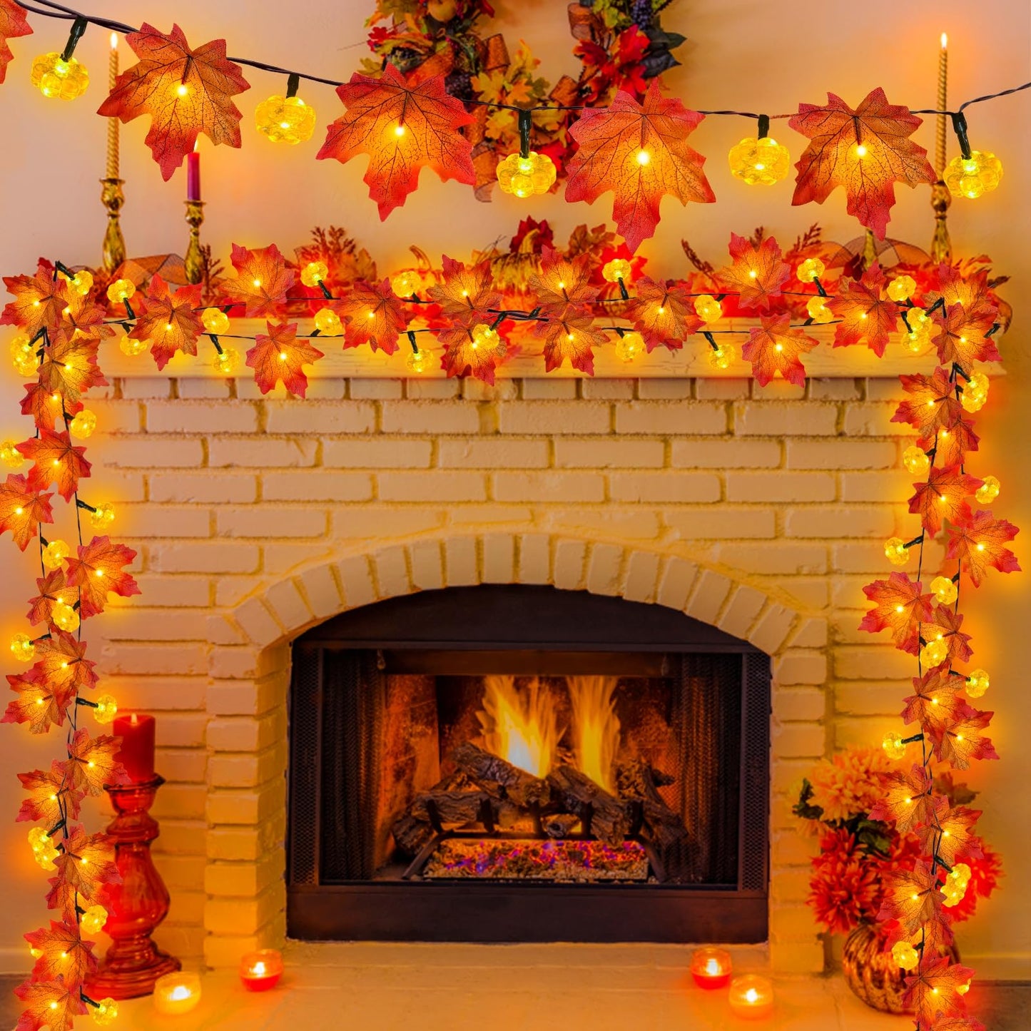 3 Pack & Timer - Fall Garland with Pumpkin Lights Halloween Fall Decorations for Home, 30Ft 60LED Halloween Lights Patented Enlarged Maples Leafed Battery Operated Thanksgiving Decor Indoor Outdoor