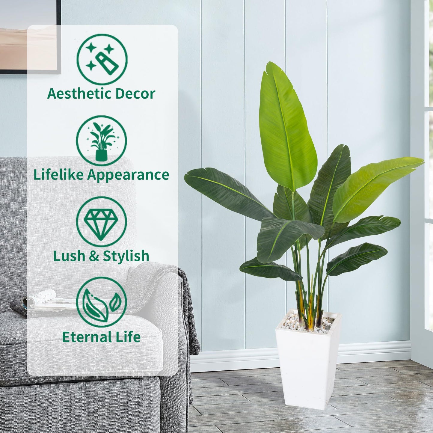 HAIHONG Bird of Paradise Artificial Plant 5FT, Faux Tropical Palm Tree with White Tall Planter, Large Fake Plants in Pot - Artificial Tree for Home Office Living Room Decor Indoor