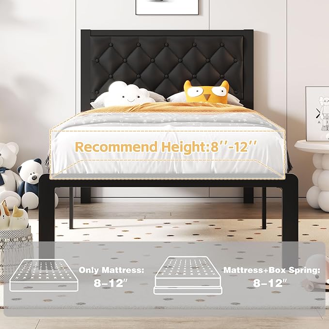 Fluest Twin Bed Frame with Headboard PU Leather Upholstered Bed Frame Platform