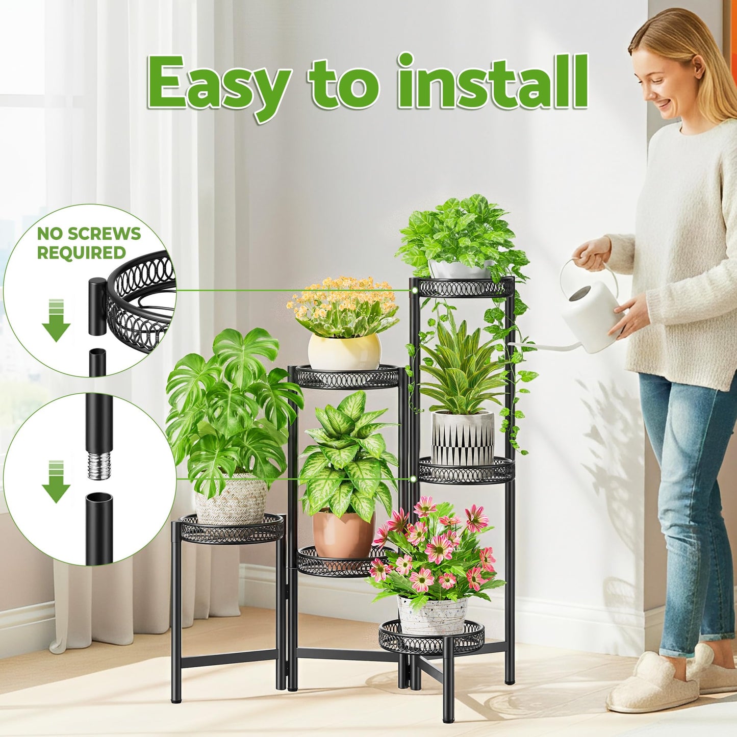 NQW 6 Tier Large Plant Stand Indoor with 7.9-Inch Wide Drainage Tray, Tiered Corner Metal Outdoor Flower Display Holder Shelf, Folding Tall Rack for House Patio Porch Balcony Graden - BlackFlower