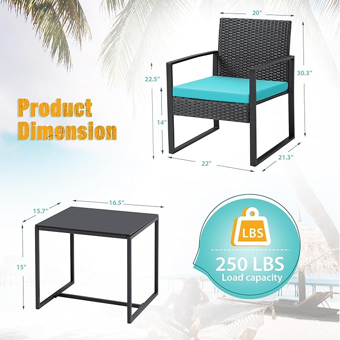 Flamaker Patio Set Outdoor Wicker Furniture, Modern Bistro Set with Rattan Chair and Coffee Table for Yard (Blue)