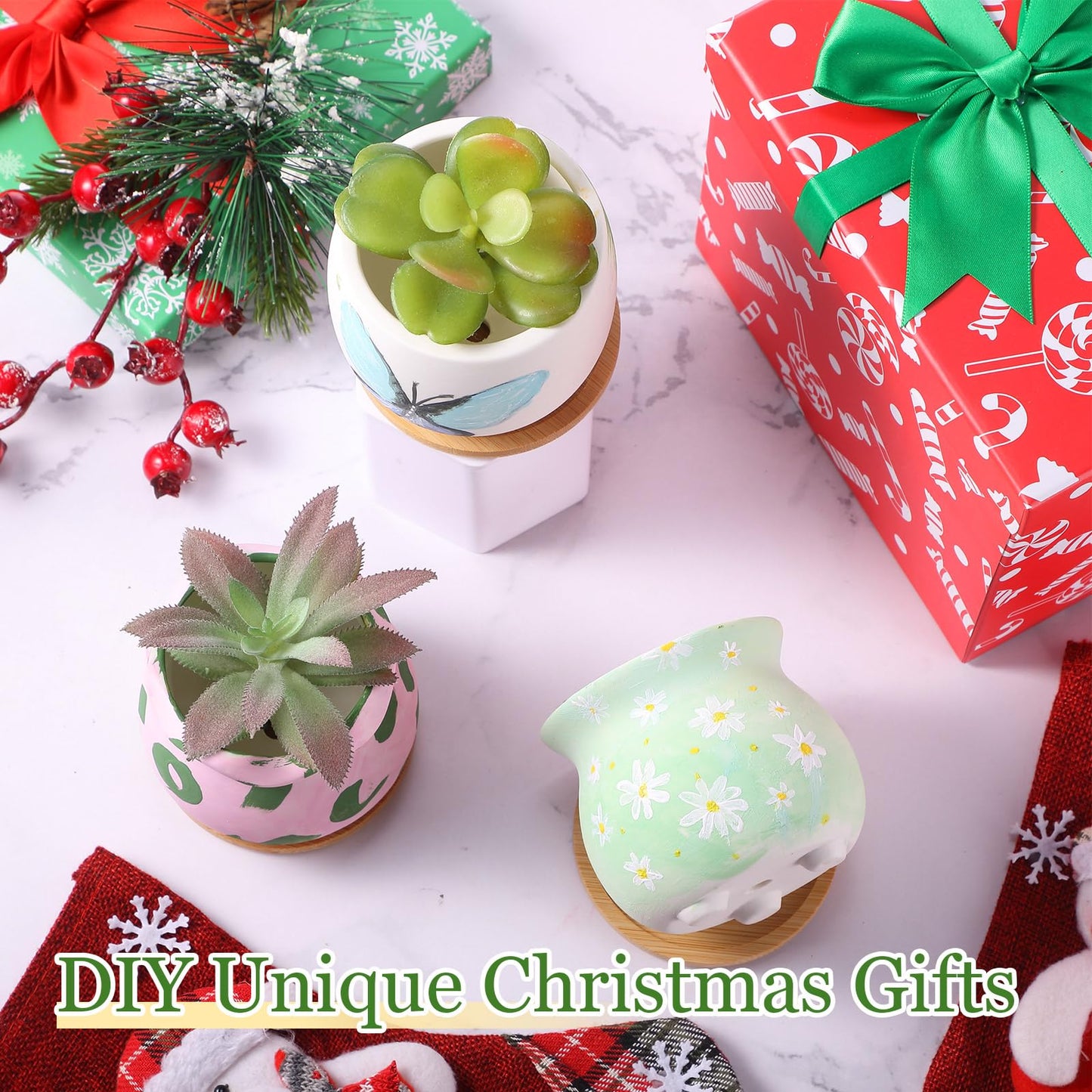Remerry 6 Pcs 3.5 Inch Mini Succulent Pots with Bamboo Tray White Ceramic Pots Color Your Own DIY Small Planters Containers for Flower Cactus with Drainage Hole for Plant Lover