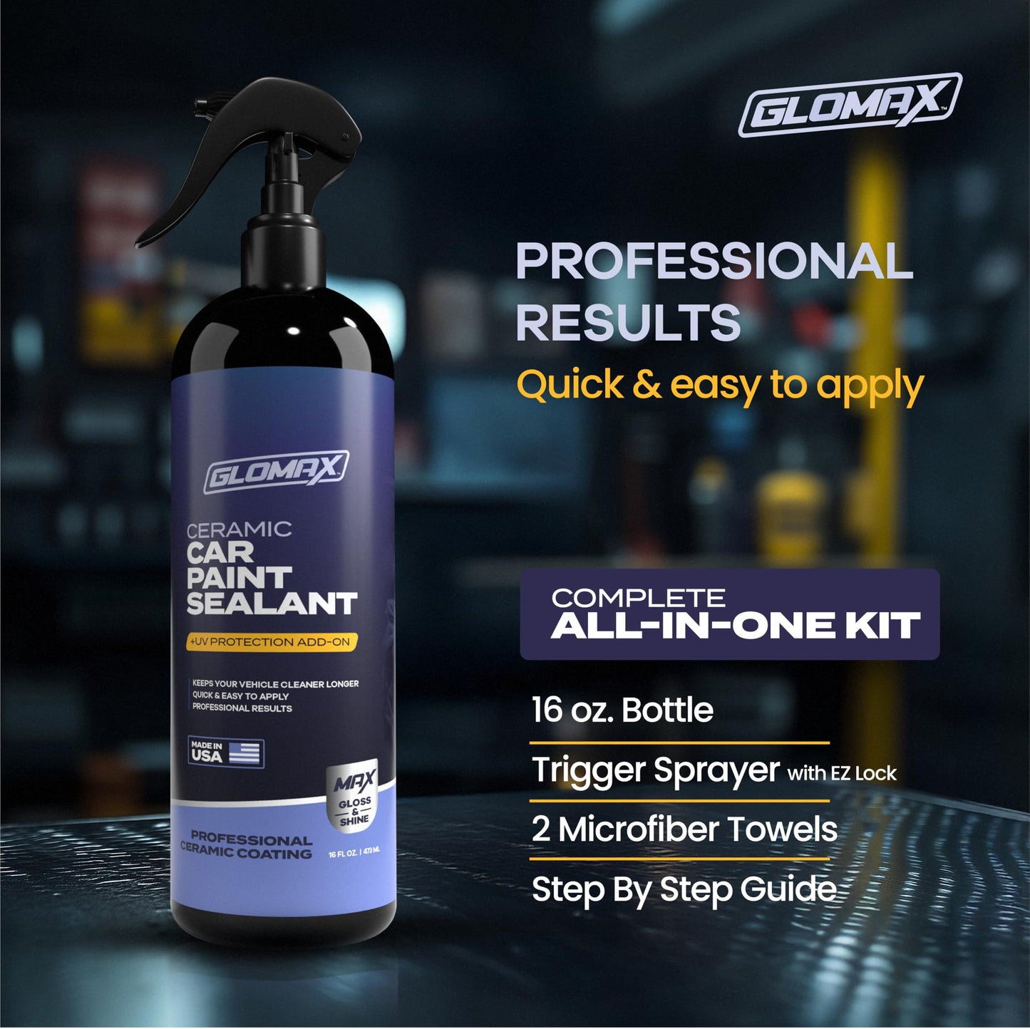GLOMAX Ceramic Coating For Cars (16 oz.) - Hydrophobic Ceramic Car Wax Spray With Added UV PROTECTION - LONG LASTING Shiny Car Stuff - Spray Wax For Cars With 2 Micro Fiber Towels, Waterless Wash