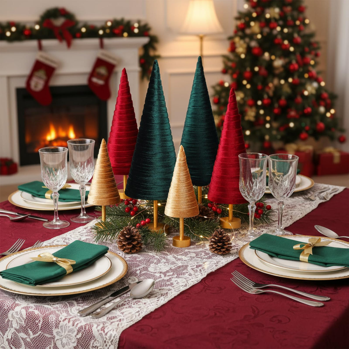 Hoolerry 6 Pcs Christmas Velvet Trees with Gold Pedestal Christmas Velvet Cones Tree Mantel Decor Modern Rustic Winter Home Minimalist for Holiday Entryway Table Wedding Centerpiece(Xmas)