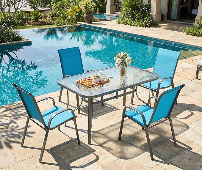 MAMIZO Patio Dining Chairs, Stackable All Weather Teslin Chair, Heavy Duty Outdoor Breathable Chairs Set, w/Armrests, Upgraded Chair FeetW/Strenthened Iron Spacers, 330 LBS (4, Turquoise Blue)