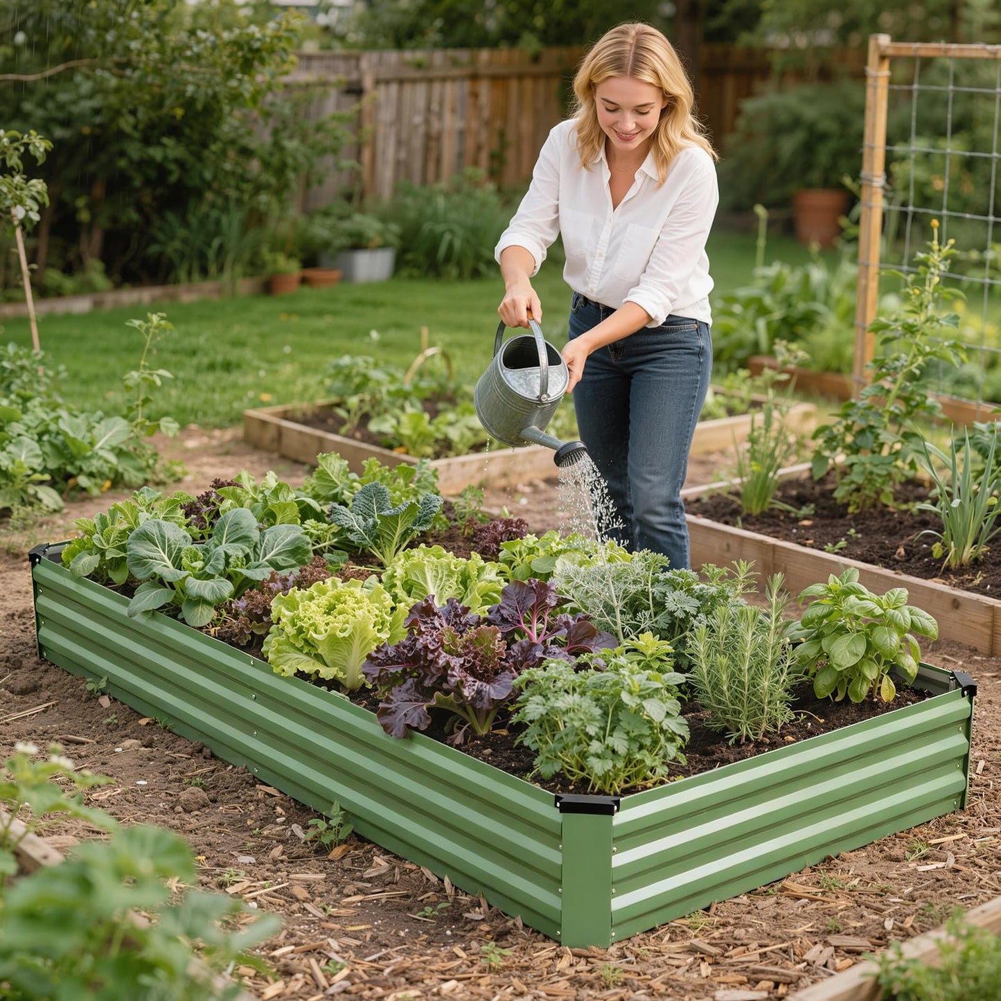 G GOOD GAIN 8x4x1ft Galvanized Raised Garden Bed, Heavy-Duty Metal Planter Boxes Outdoor for Vegetables Flowers Herbs, Olive Green(2 Pack)