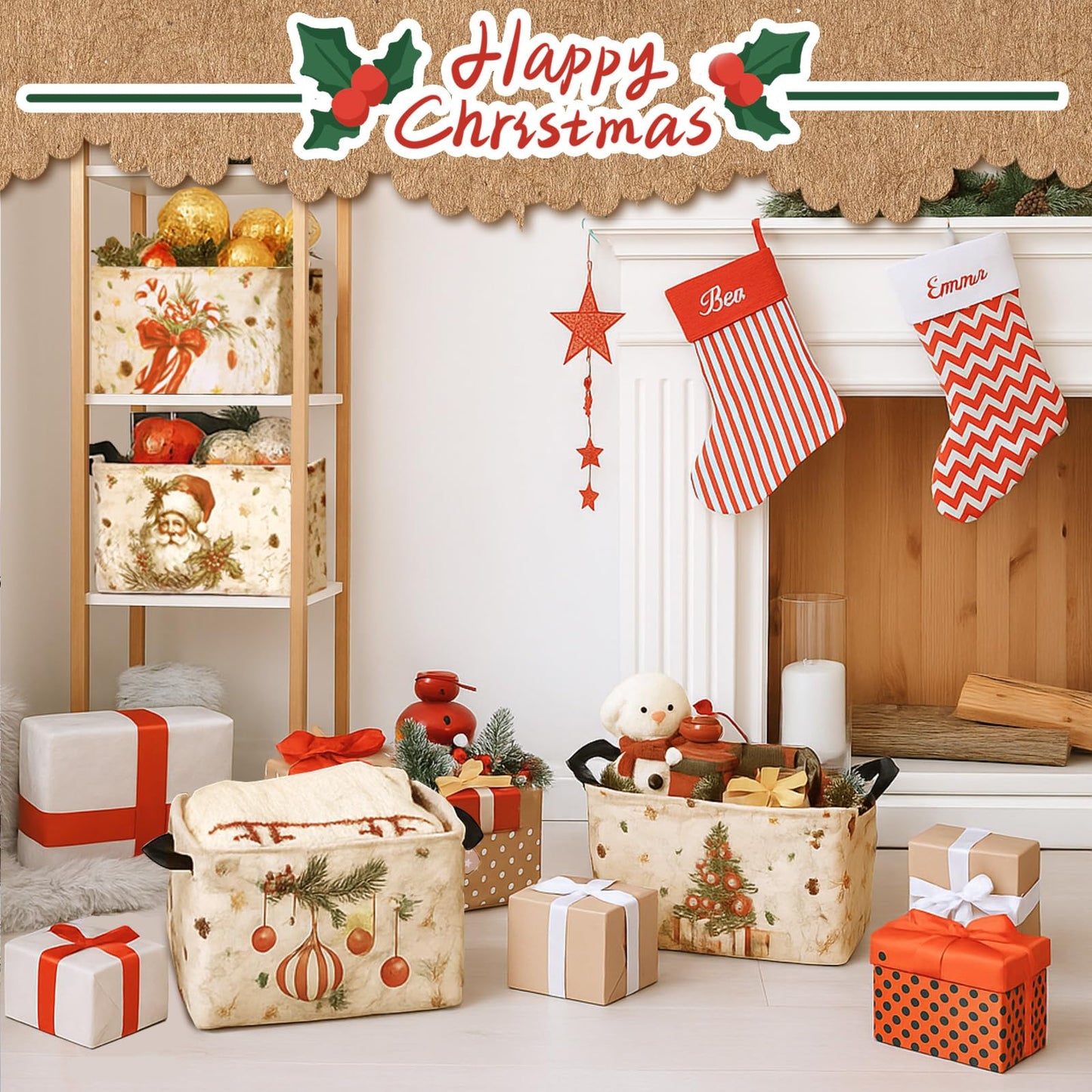 Bulyoou 4pcs Christmas Storage Basket Fabric Laundry Baskets with Handle Xmas Foldable Organizer Boxes for Office Home Baby Cloth Toy Book 15 x 10 x 8(Snowman)