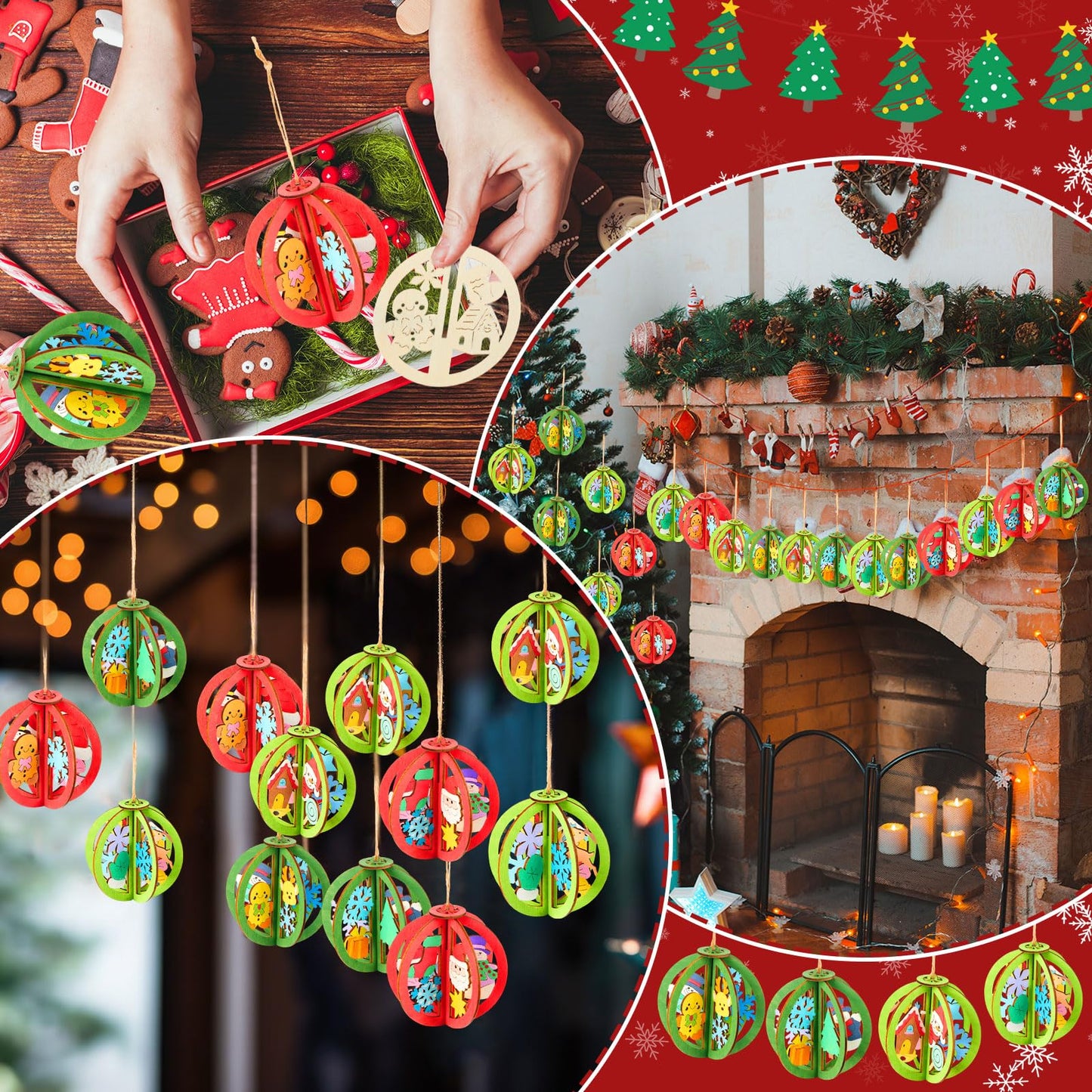 Chunful 36 Pcs DIY Christmas Wood Crafts to Paint 3D Unfinished Wooden Ornaments Christmas Hanging Cutouts Blank Hollow Wood Santa Gingerbread Snowflake Holiday Slice for Xmas Tree Decorations