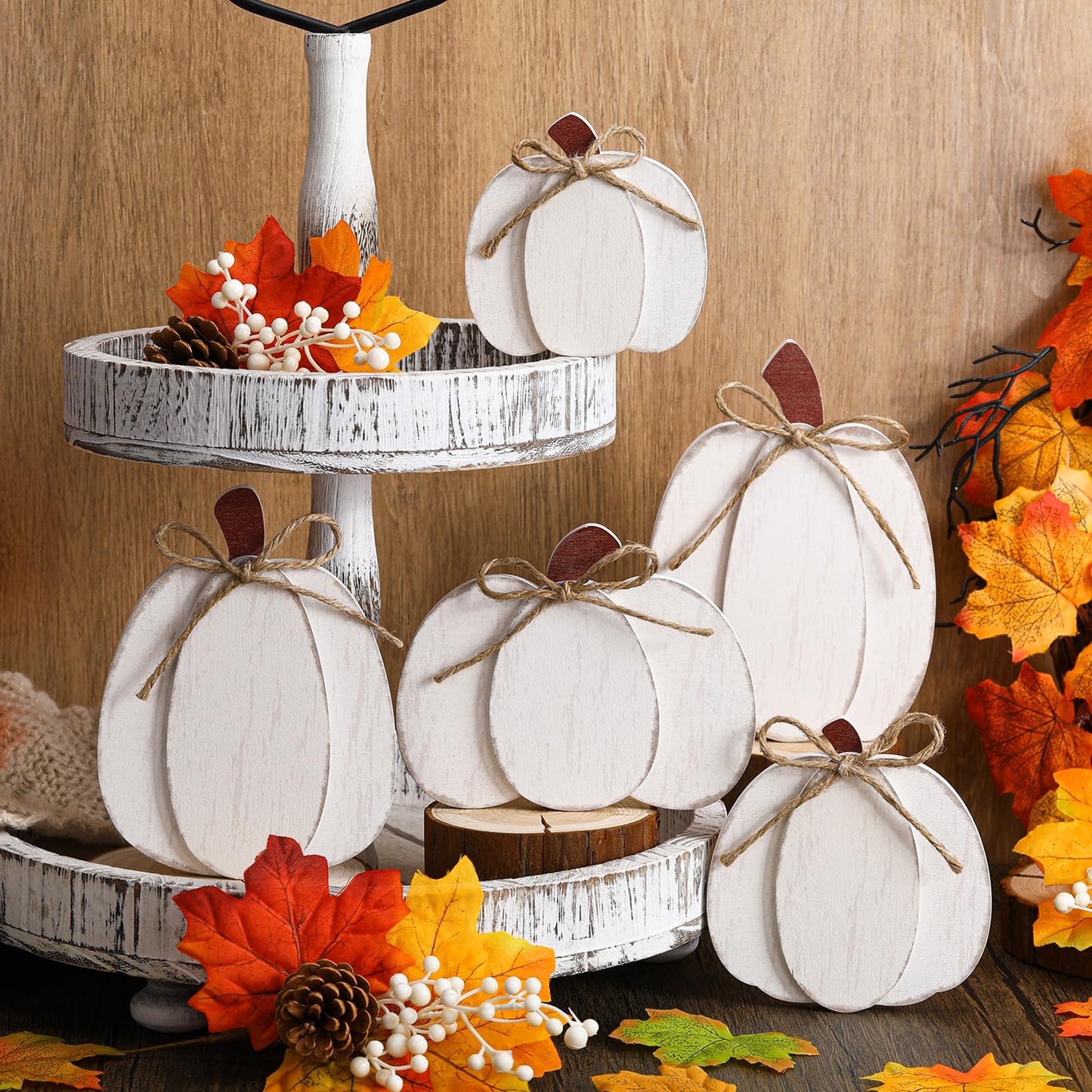 Yousoontic Neutral Wooden House Decor Rustic Farmhouse Spring Tiered Tray Decor Spring Mantel Decoration for Home Desk Shelf Table Centerpiece Decoration(5 Pcs,Pumpkin)