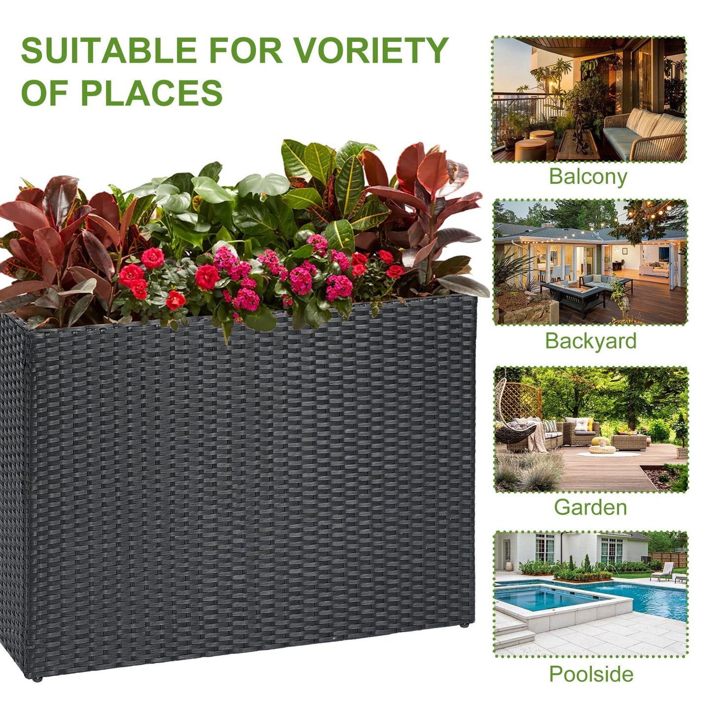 LEWIS&WAYNE Large Rectangular Block Planter Box Handmade Wicker Tall Planters for Outdoor Plants with Removable Liners Modern Planter for Indoor Outdoor Patio Deck - Black, 38''x11''x30''