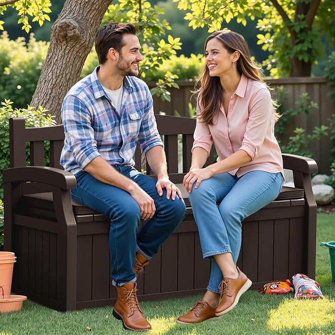 Flamaker 80 Gallon Storage Bench with Cushions Outdoor Indoor, Durable All-Weather Seating with Hidden Storage, Lockable Deck Box for Garden, Patio, Poolside (Brown)