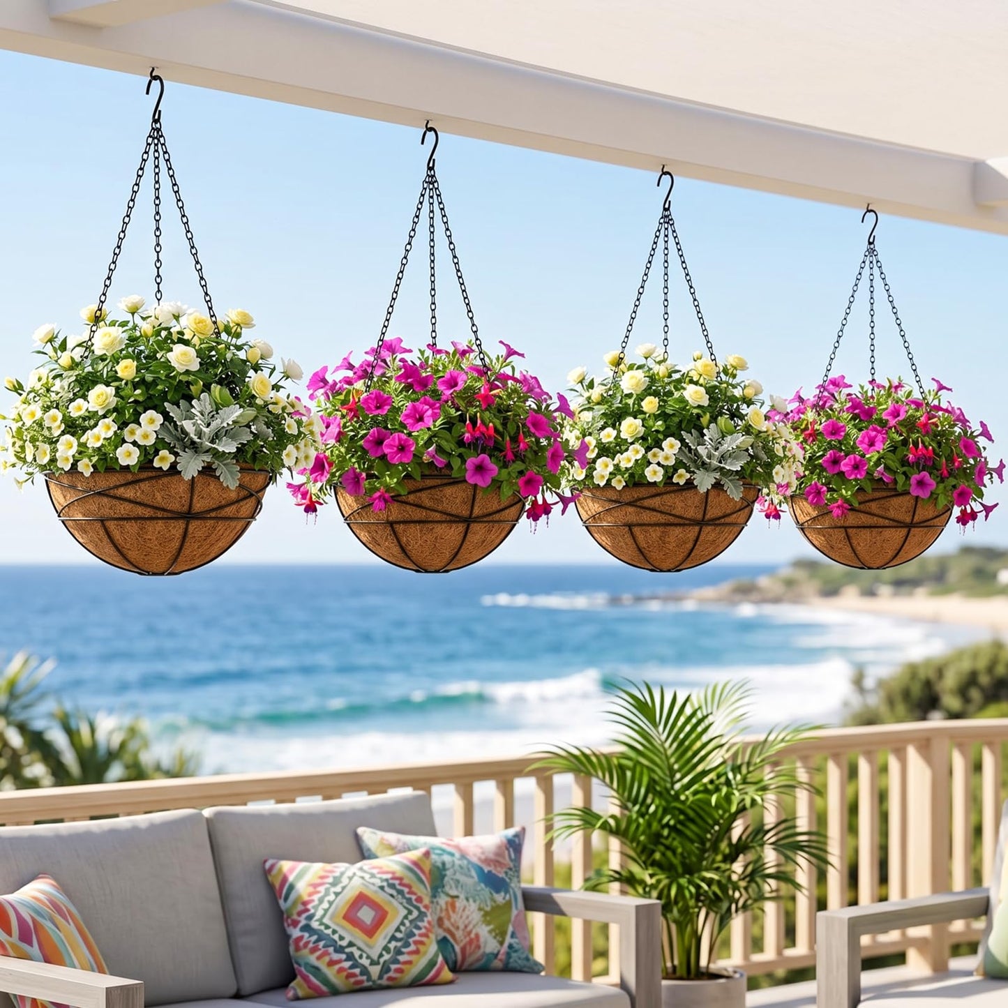 Karlliu 4 Pack 14 Inch Hanging Baskets for Plants Outdoor Large Flower Planters with Coco Liner for Outside Panting Watering Plant Pot Holder for Home Garden Porch Balcony Railings Decor