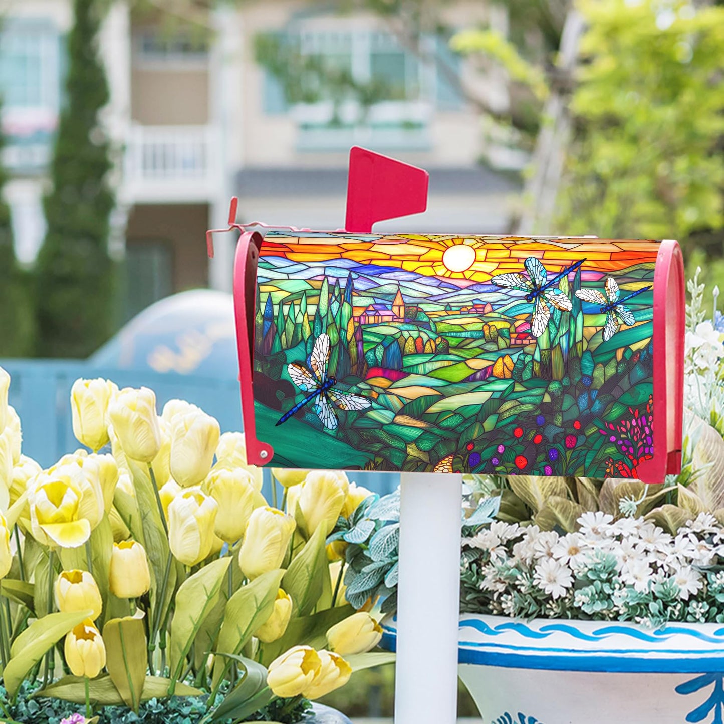Spring Summer Dragonflies Mailbox Covers Magnetic Large Size 25x21 Inch Spring Flowers Mail Box Cover Farmhouse Abstract Floral Mailbox Wraps Post Letter Box Cover for Home Garden Yard Decora