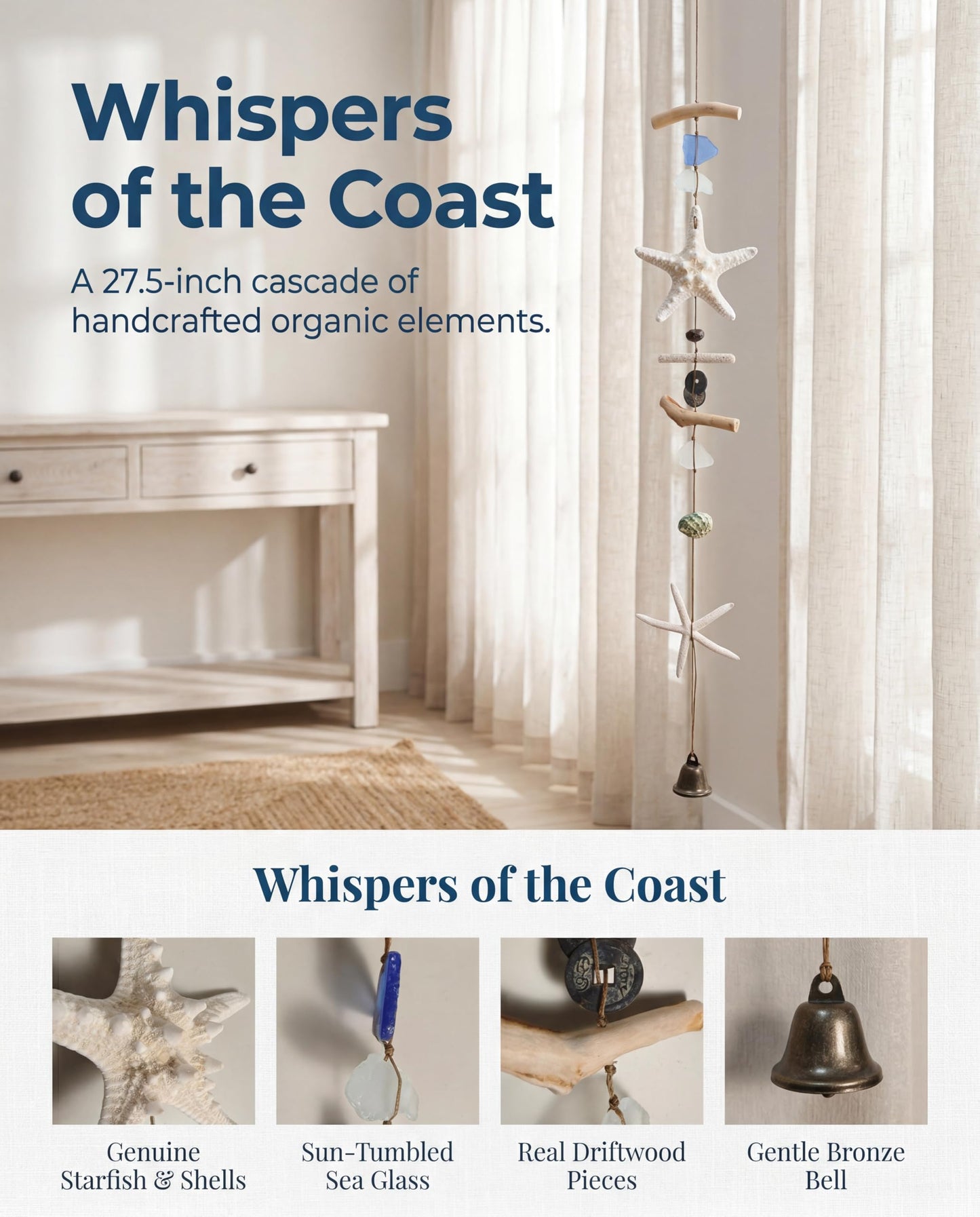 Driftwood Sea Star Wind Chime Beach Seashell Hanging Wall Decor, Coastal Nautical Window Hanging Ornament with Sea Glass & Metal Bell, Boho Ocean Themed Mobile for Home Bedroom Window Porch