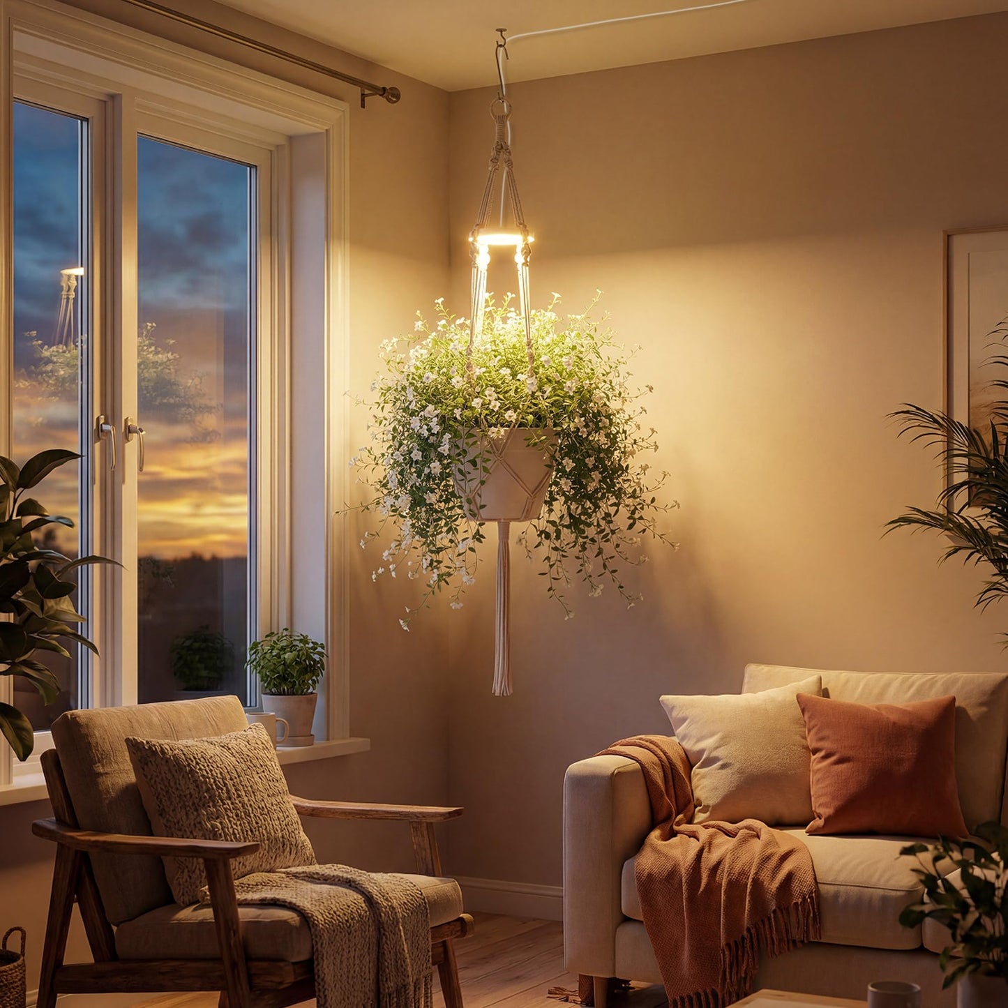 Lazukes Hanging Plant Grow Lights for Indoor Plants with Timer, Wall Mounted Full Spectrum Pendant Growing Light with Macrame Plant Hanger, Ceiling LED Planta Luz for Potted Plants Home Decor